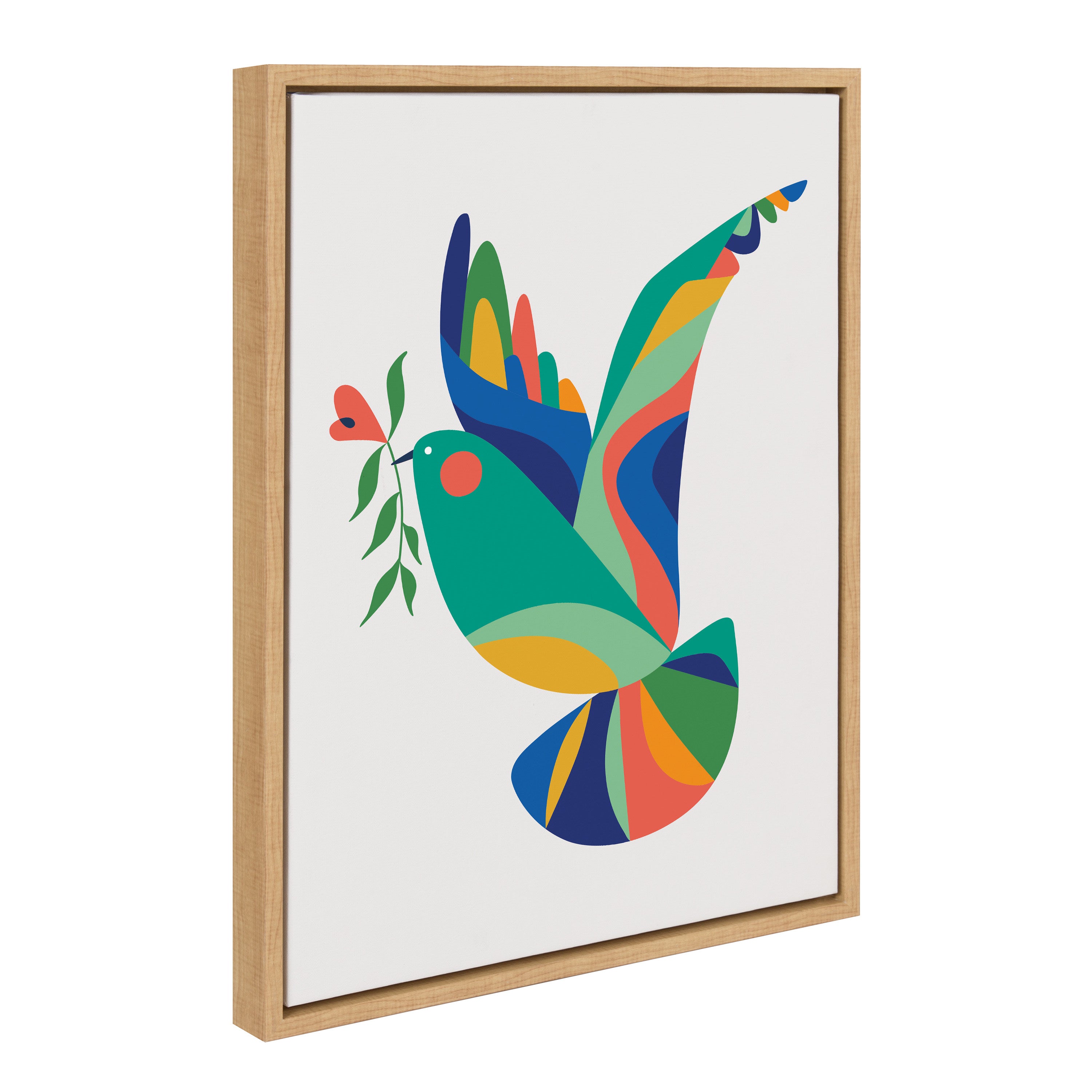 Sylvie Bird of Peace framed canvas featuring a colorful abstract bird print by Rachel Lee