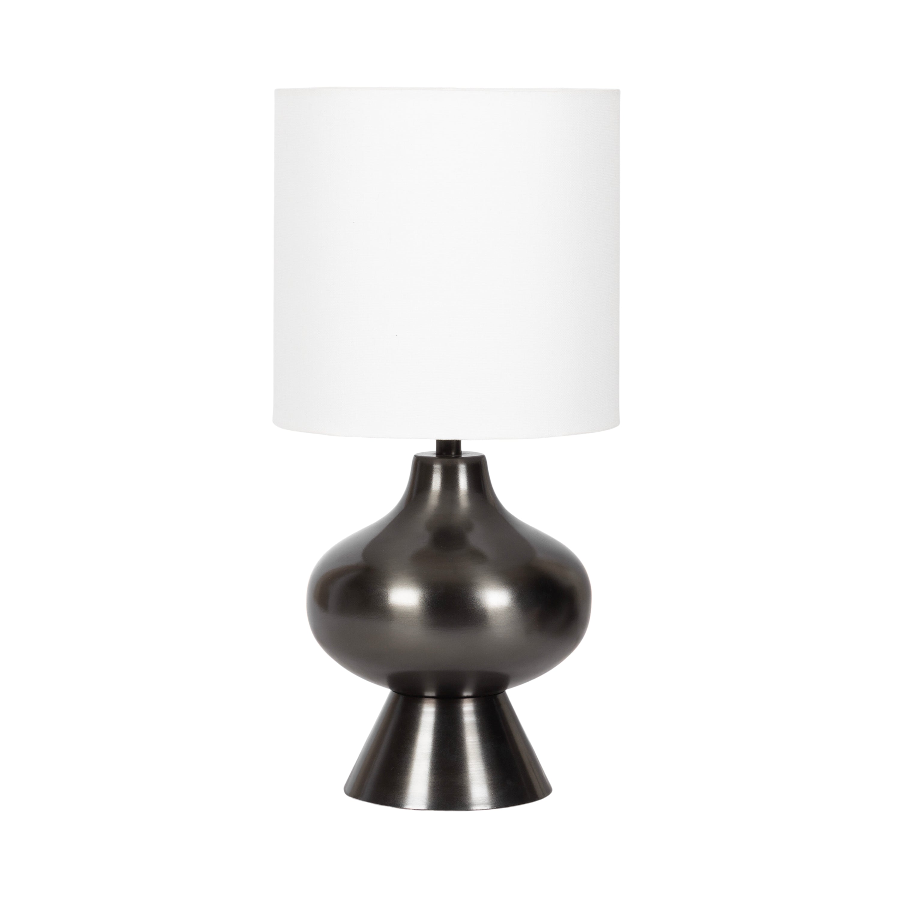 Bahira Tabletop Lamp with curved geometric pewter base and white linen shade on a table