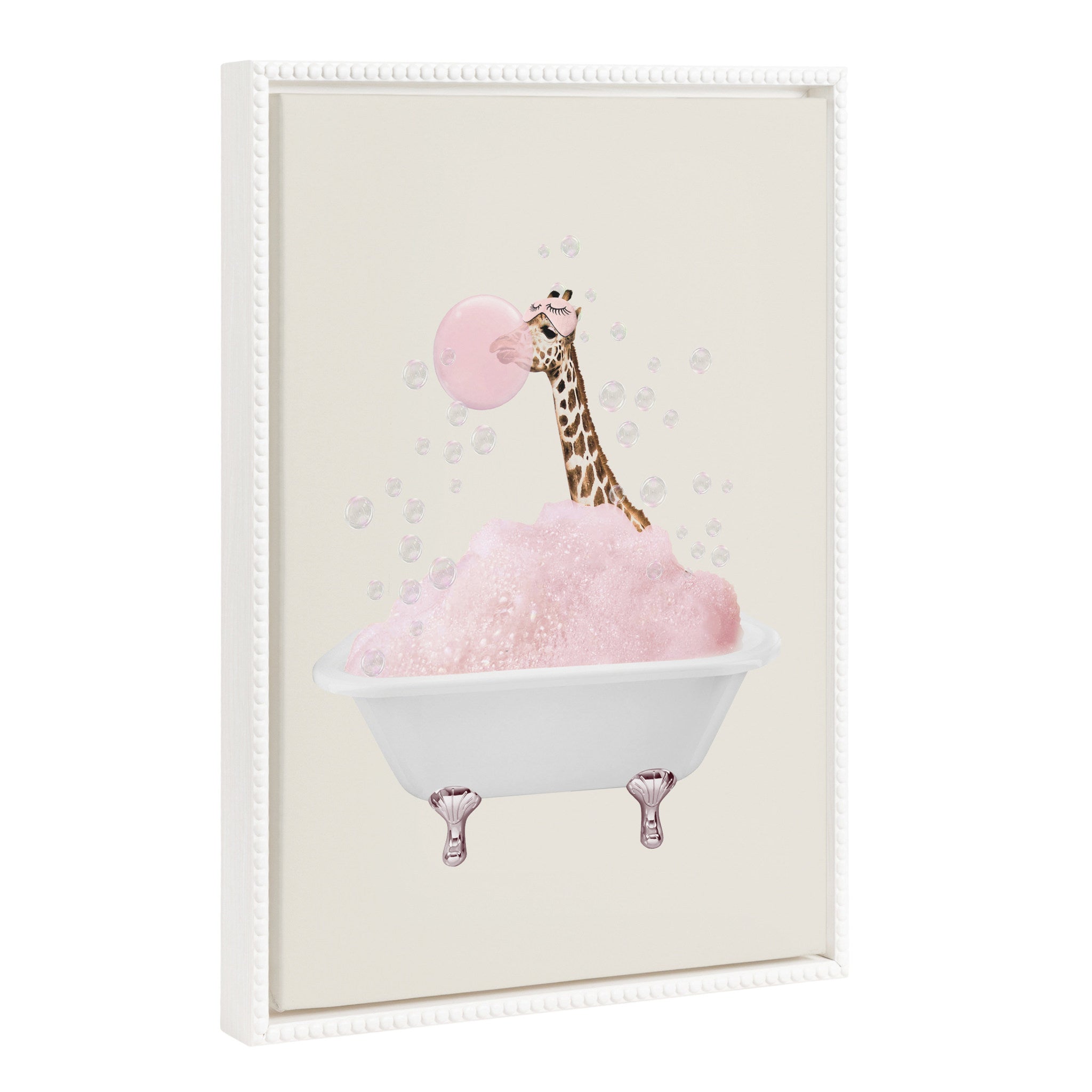 Sylvie Beaded Giraffe Taking a Bath framed canvas art showing a whimsical giraffe in a bath with beaded vintage frame
