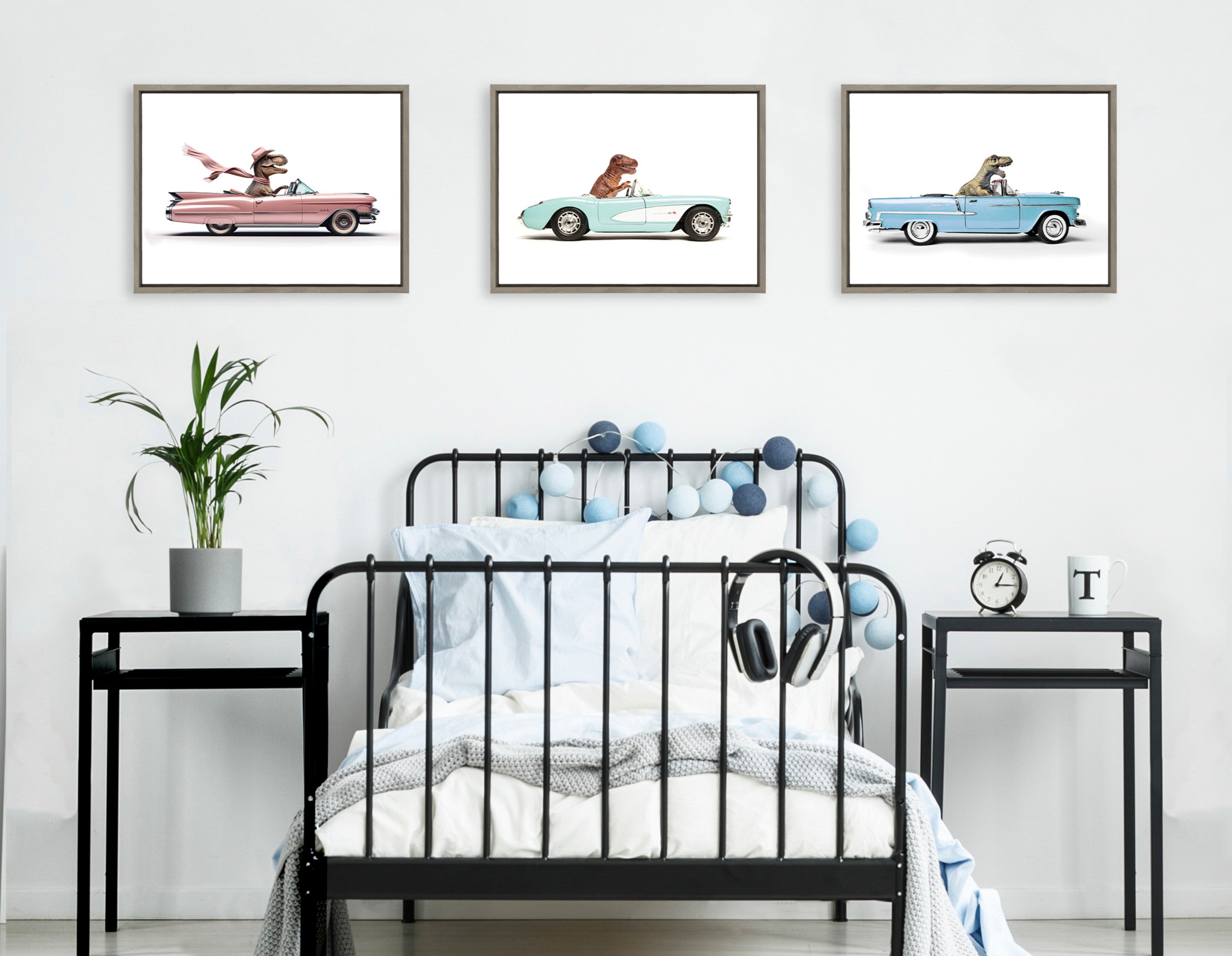 Sylvie T Rex Driving 1957 Aqua Chevy Framed Canvas by Saint and Sailor Studios