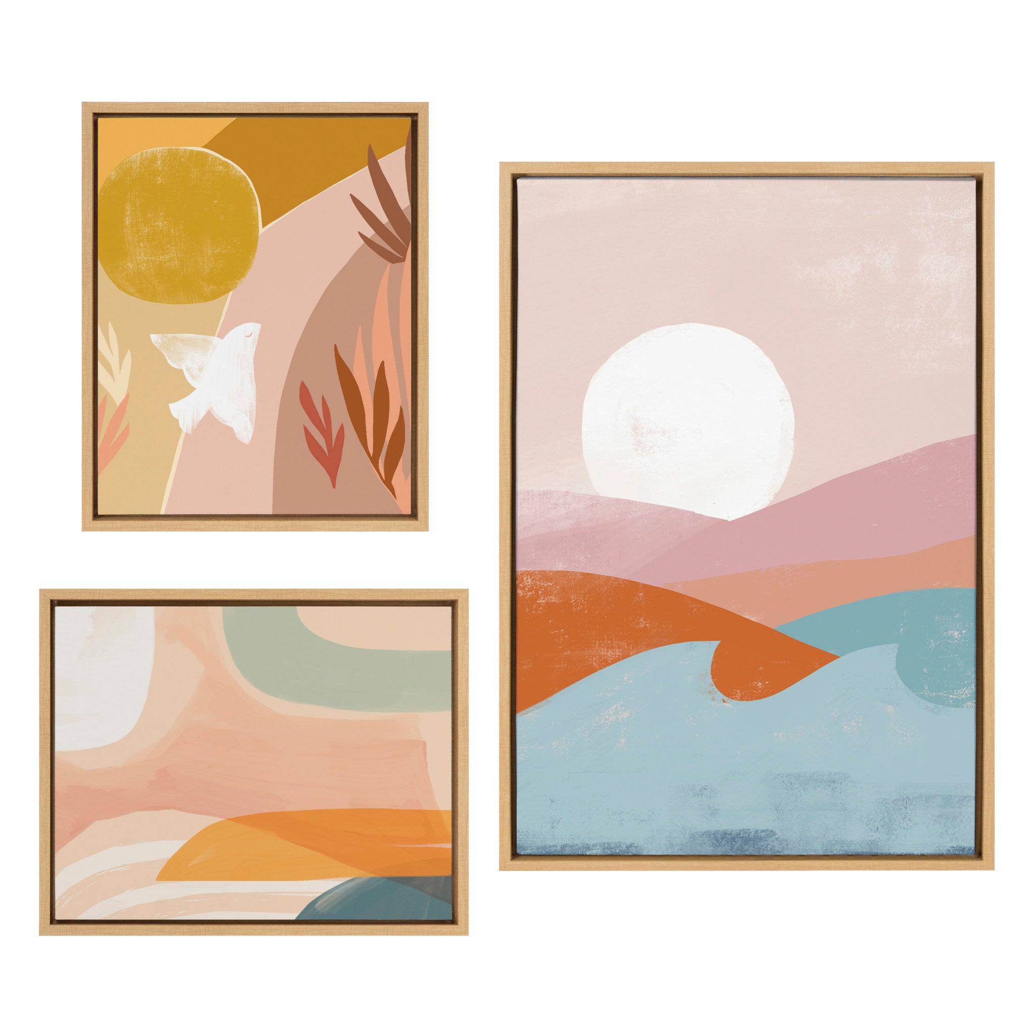 Sylvie Endless Summer Vertical framed canvas art set showing three soft-toned boho-inspired images in polystyrene frames