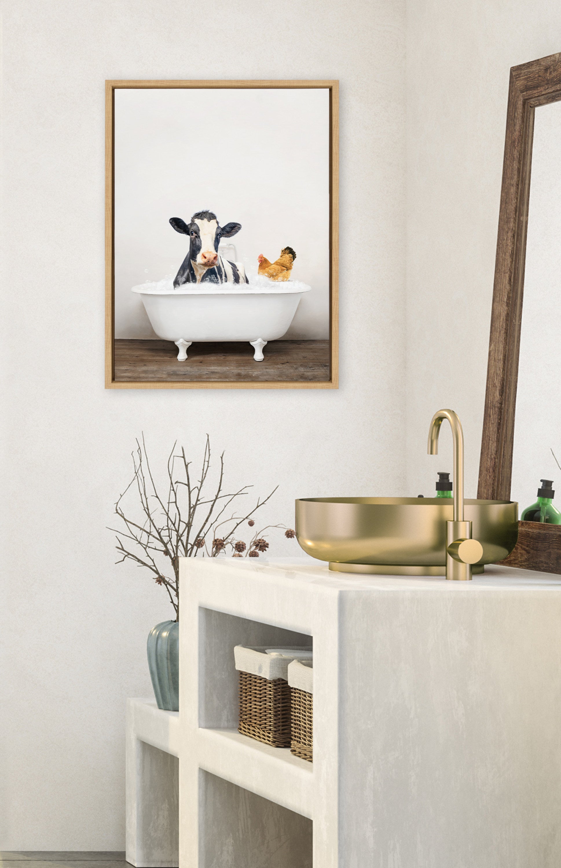 Sylvie Cow and Chicken in Rustic Bath Framed Canvas