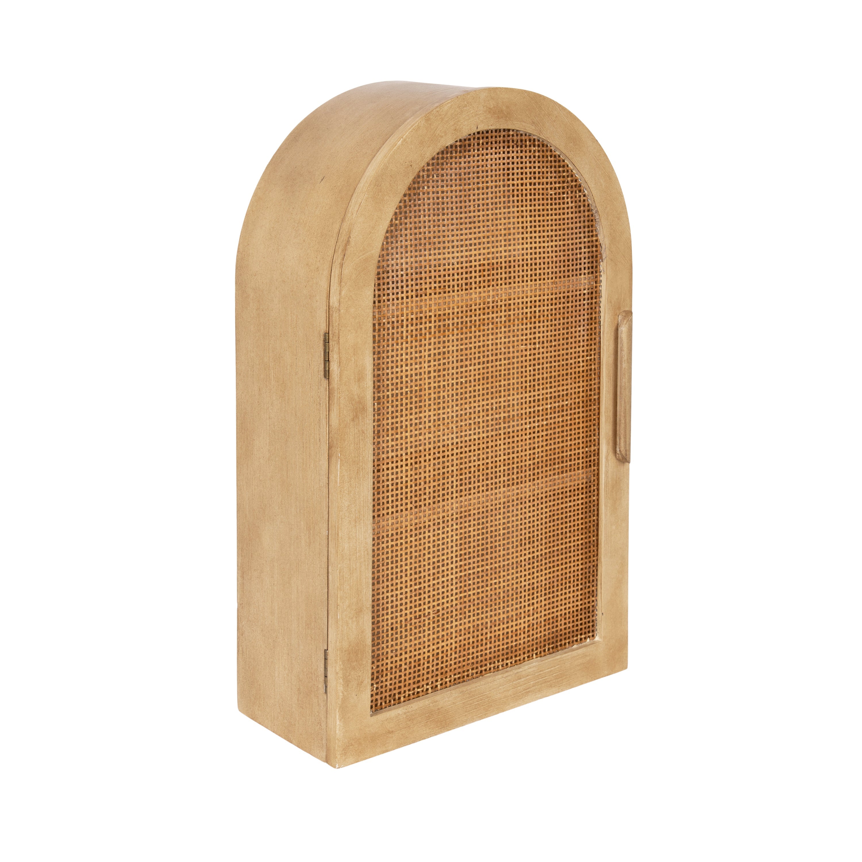 Ori Rattan Arch Wall Cabinet with cane rattan door and wooden frame mounted on a wall