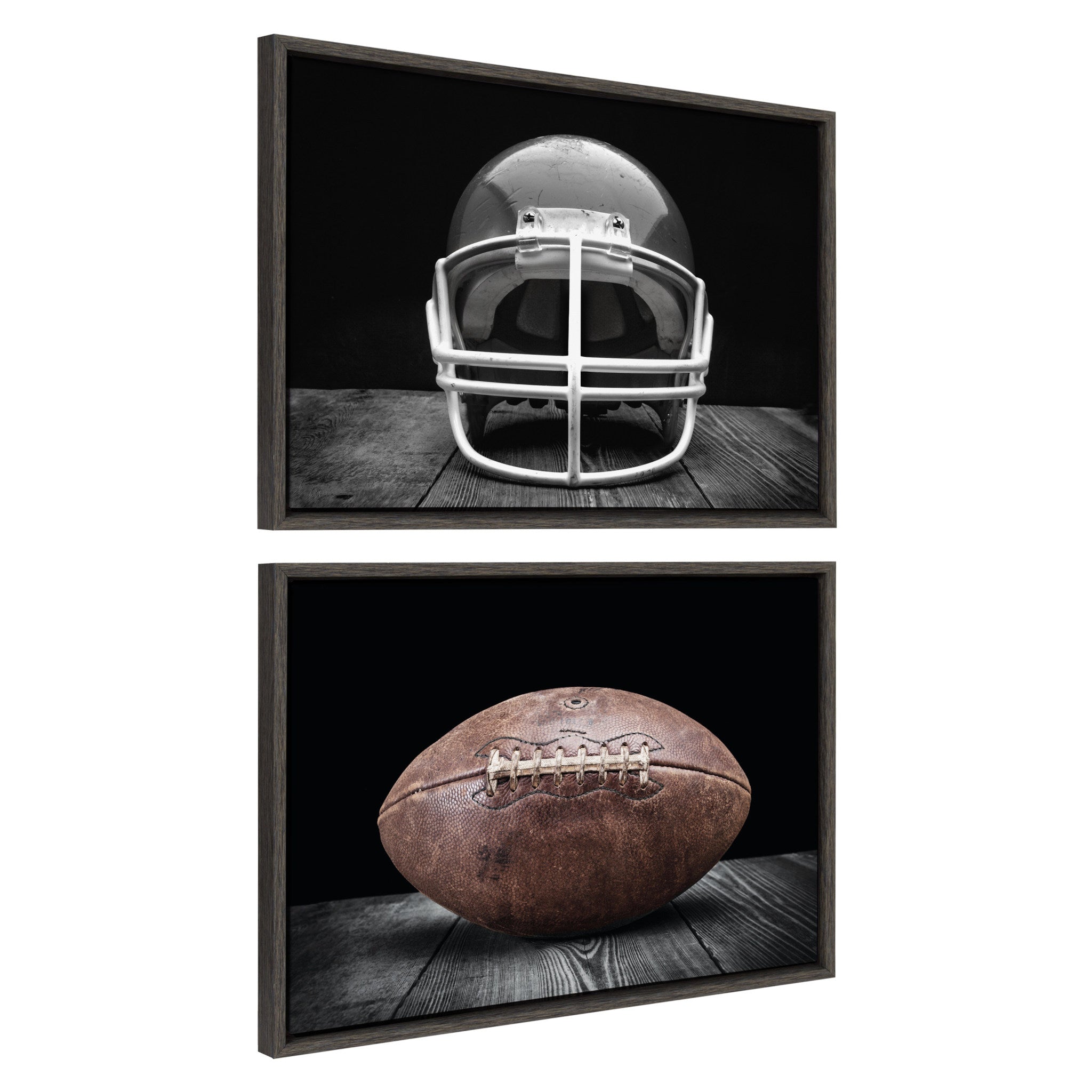 Sylvie Vintage Football Helmet on Black and Vintage Football on Black Framed Canvas Art Set by Saint and Sailor Studios