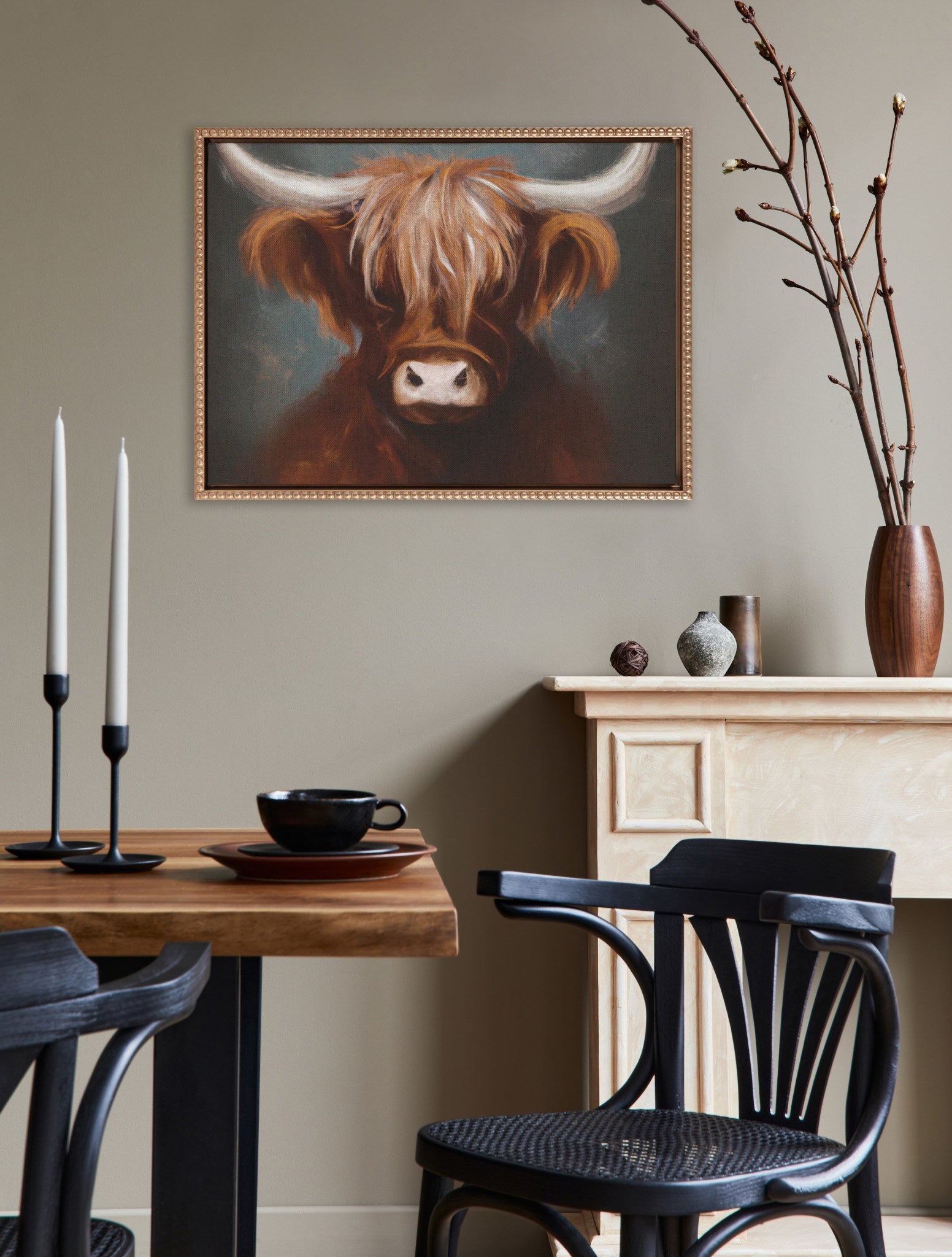 Sylvie Beaded Highland Cow Portrait Painting on Neutral Linen Framed Canvas by The Creative Bunch Studio