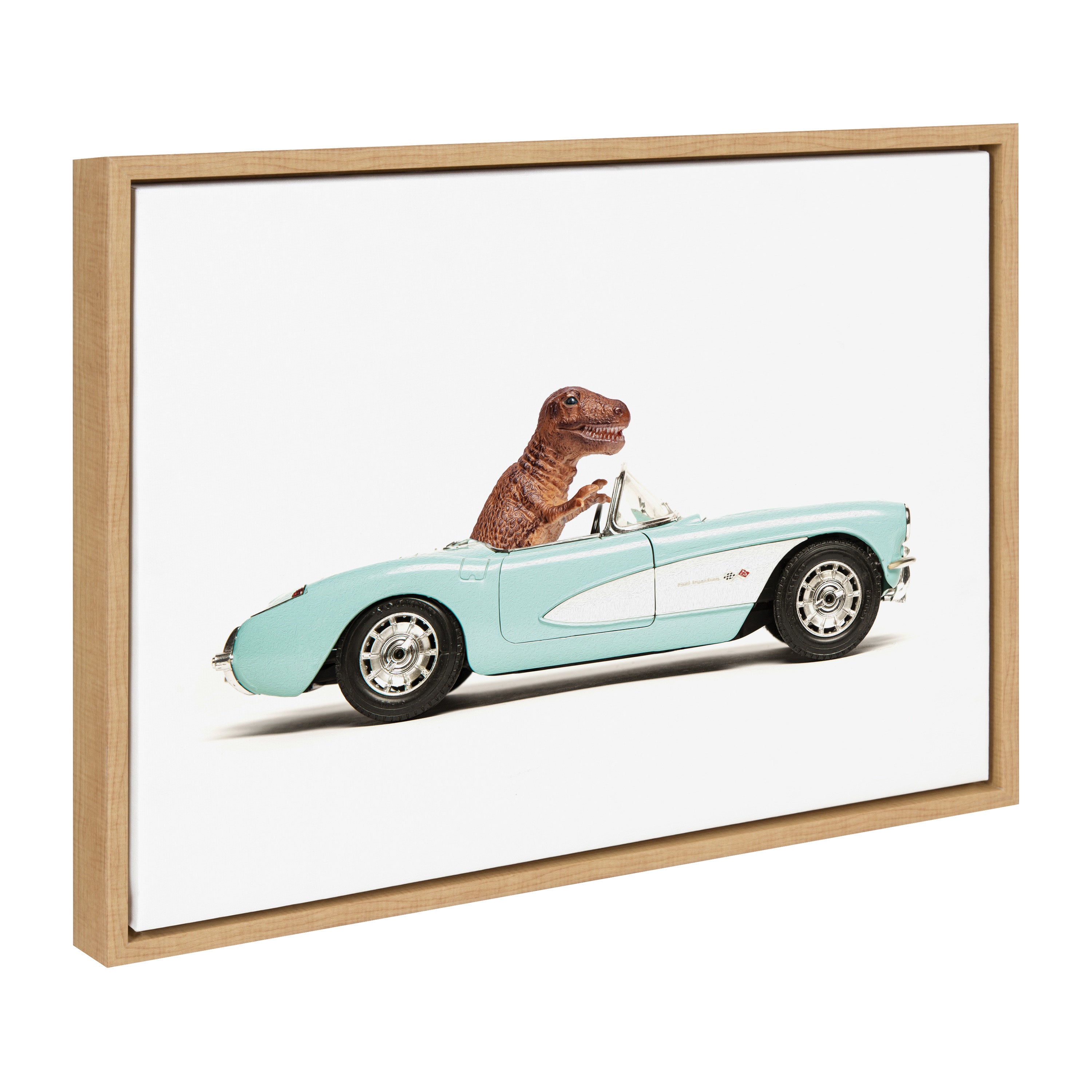 Sylvie T Rex Driving 1957 Aqua Chevy Framed Canvas by Saint and Sailor Studios