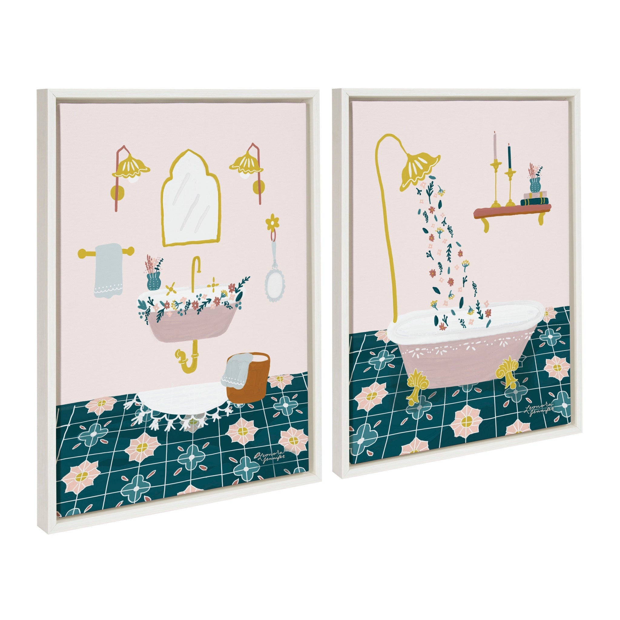 Sylvie Floral Sink and Floral Bath framed canvas art set showing floral bathroom scenes