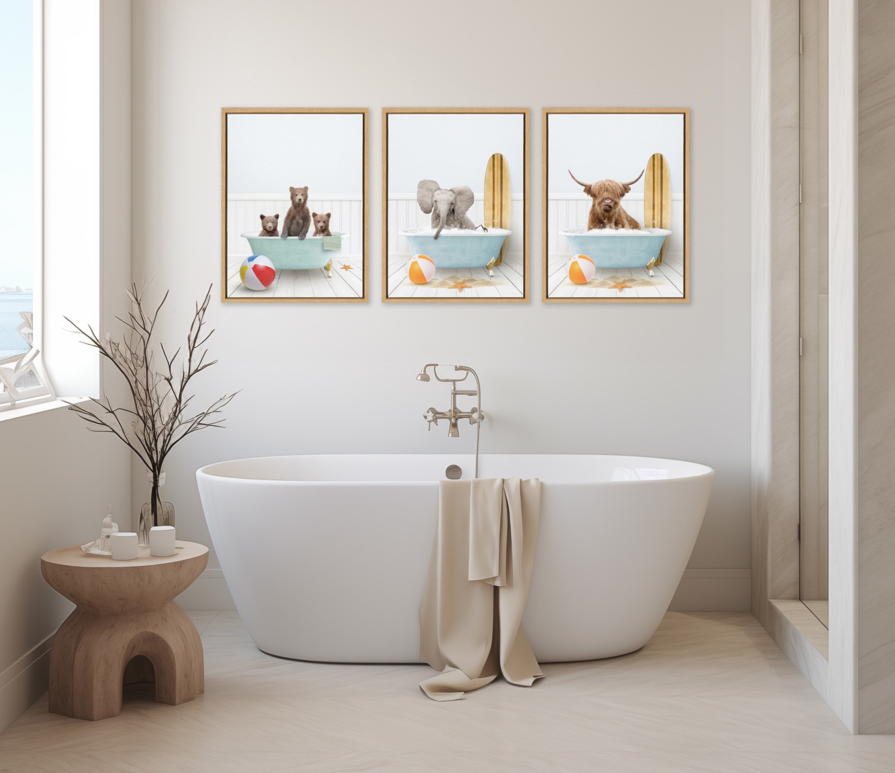 Sylvie Three Bear Cubs In Beach House Bath Framed Canvas by Amy Peterson