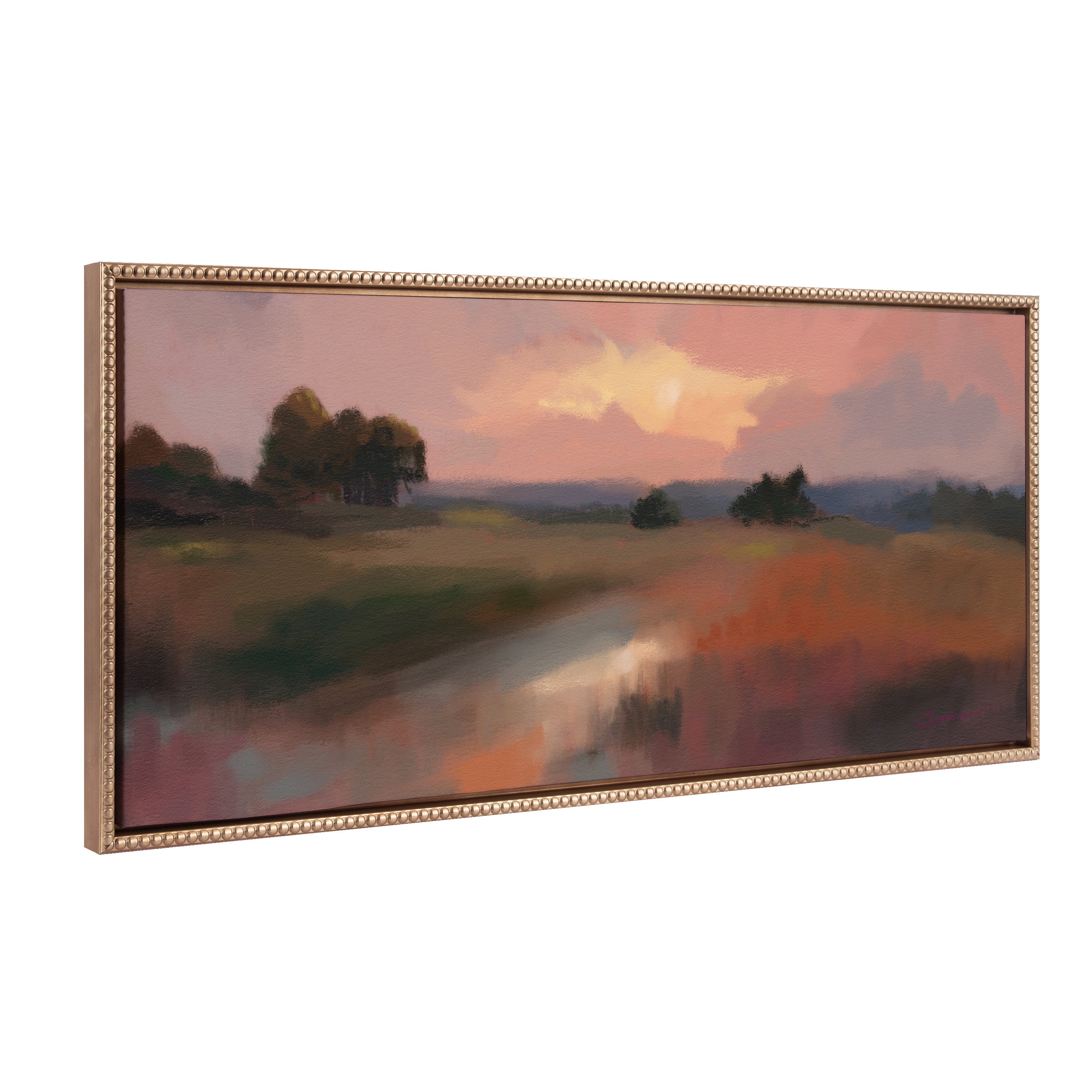Sylvie Beaded Foothills in the Evening Framed Canvas showing abstract evening foothills with gold beaded frame