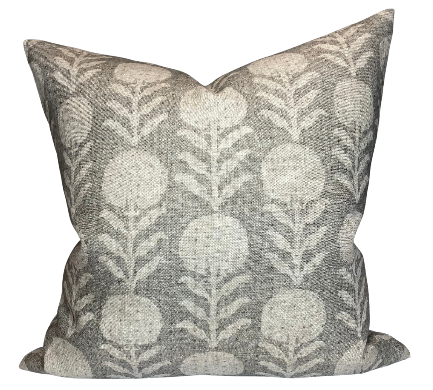 Zinnia Pillow Cover in Sand Grey showing floral print front and ivory linen back