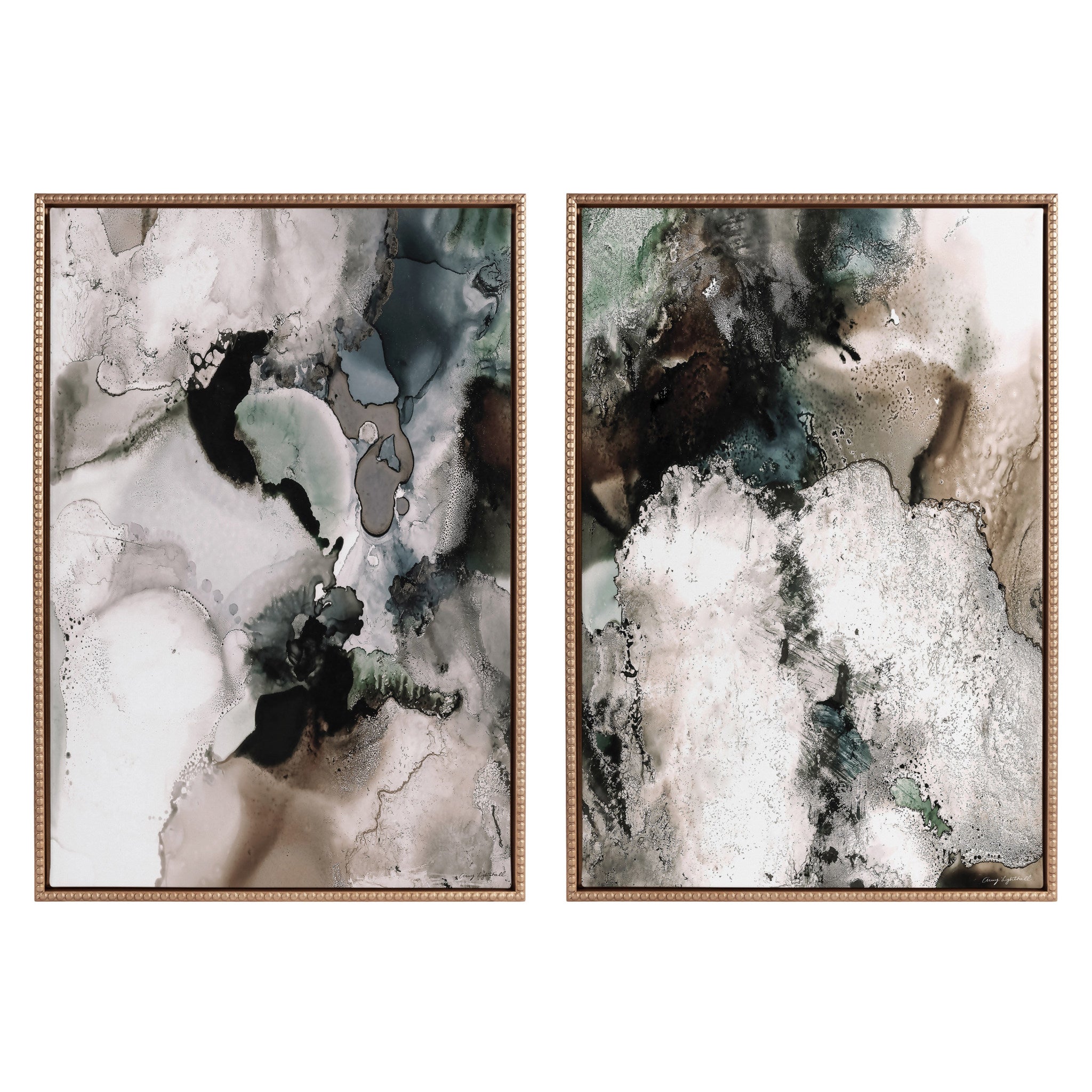 Sylvie Beaded Contour Flow I and II Framed Canvas Art Set on wall with gold beaded frames