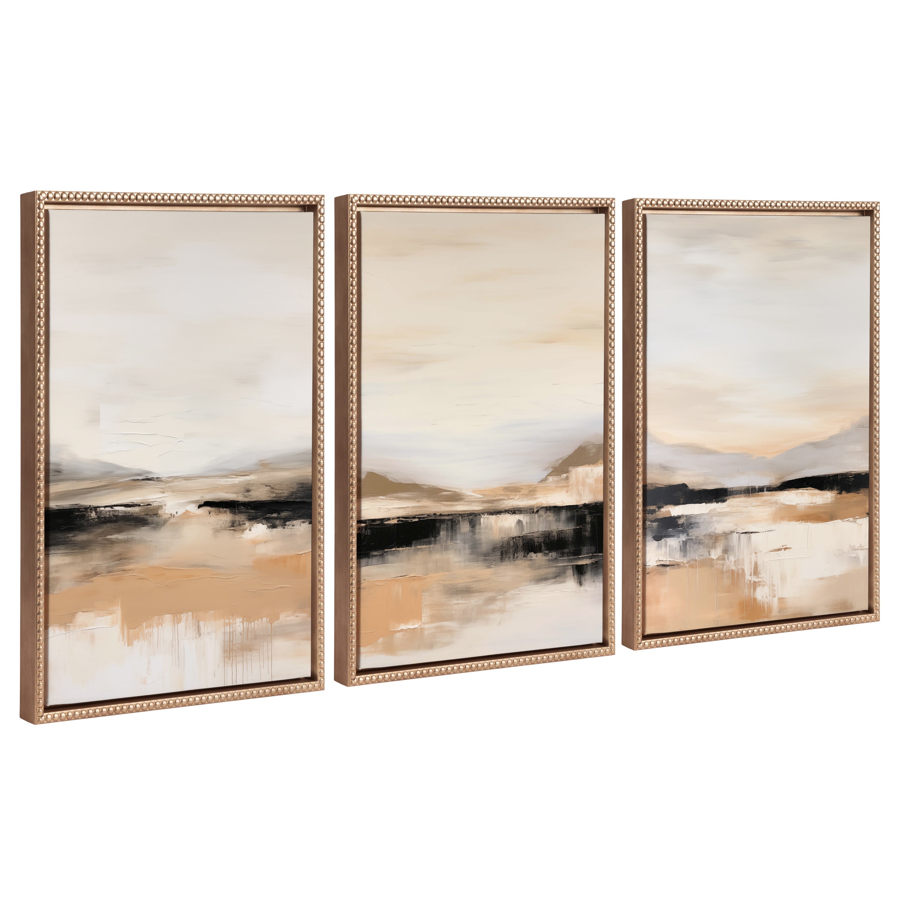 Sylvie Peaceful Landscape I, II and III framed canvas art set showing rolling hills and an open valley in soft colors