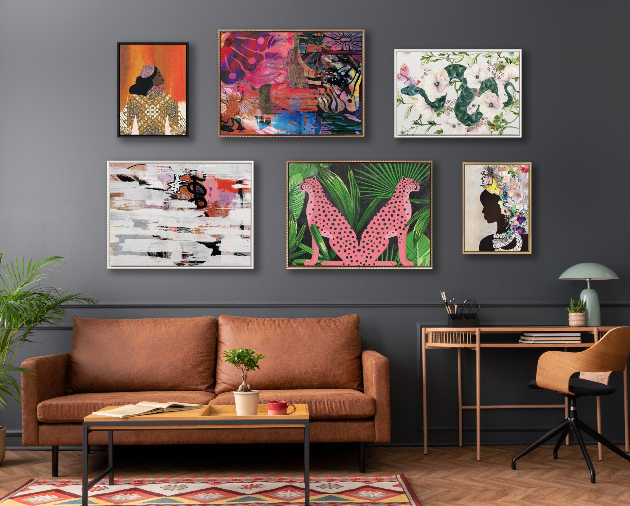 Sylvie Beaded NC Cheetah Jungle Framed Canvas by Nikki Chu