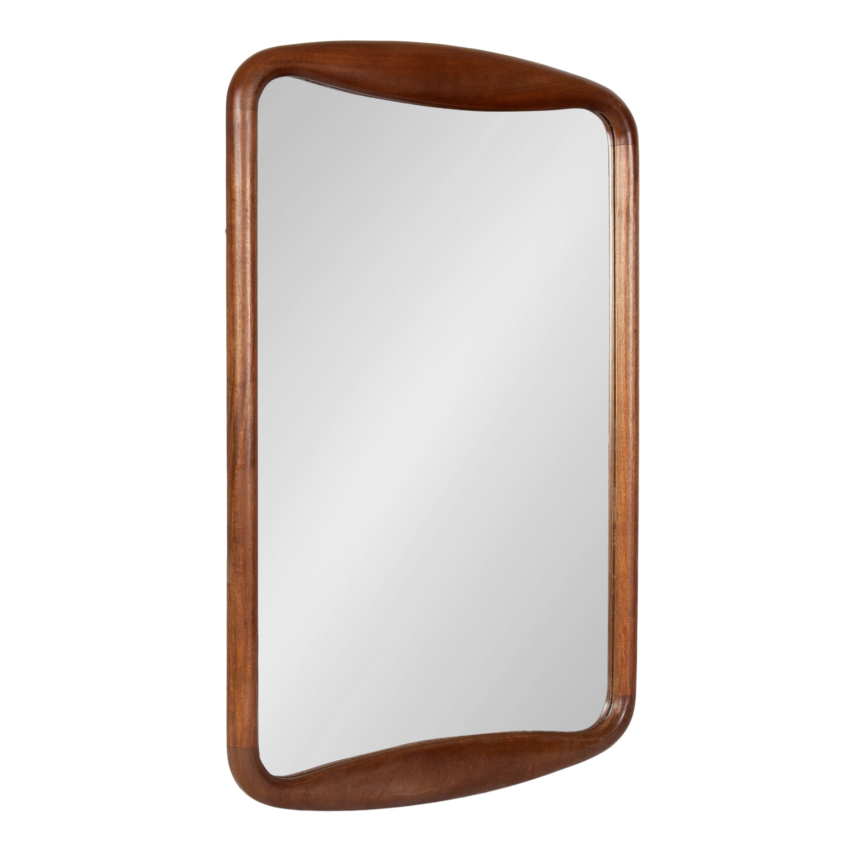 Hera Radius Rectangle Wood Mirror with rounded rectangle mango wood frame in walnut brown hanging vertically on a wall