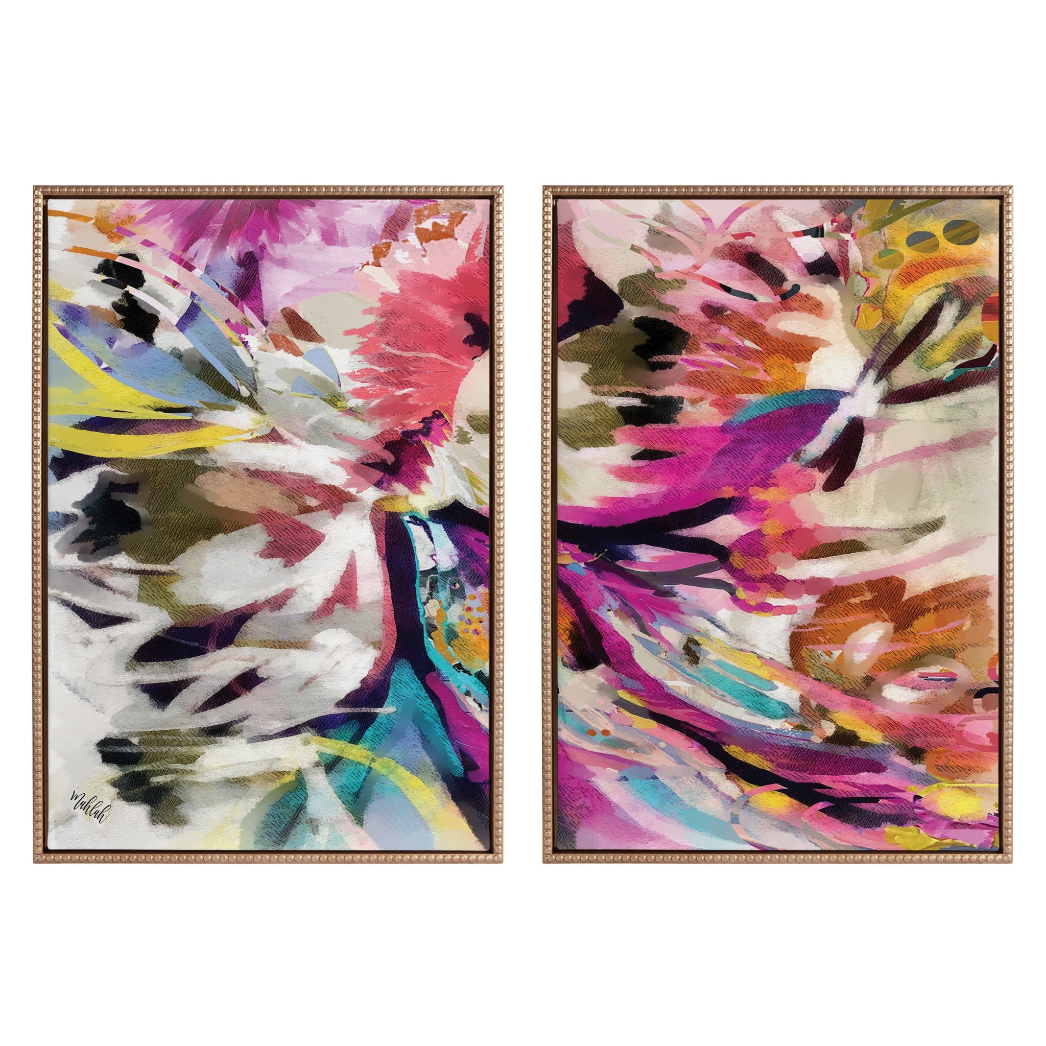 Sylvie Beaded Amaze Left and Right Framed Canvas Art Set showing vibrant abstract floral prints in gold vintage beaded frames