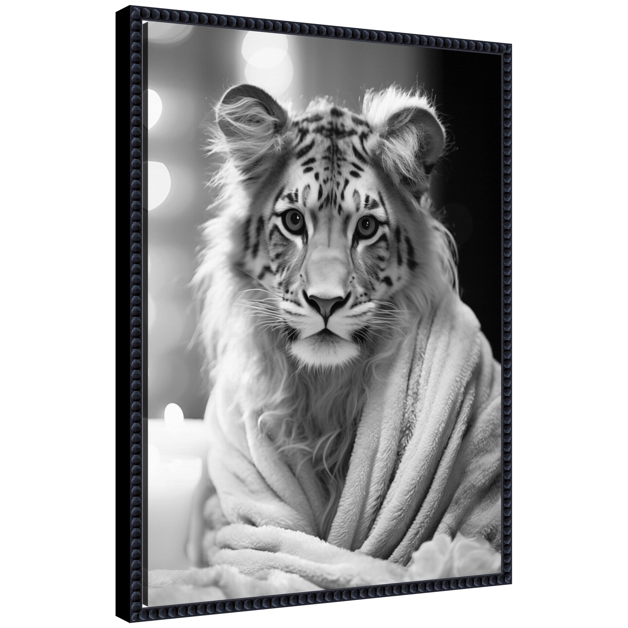 Black and white framed canvas art of a stylized tiger wearing a bathroom towel robe, framed in a beaded black frame.