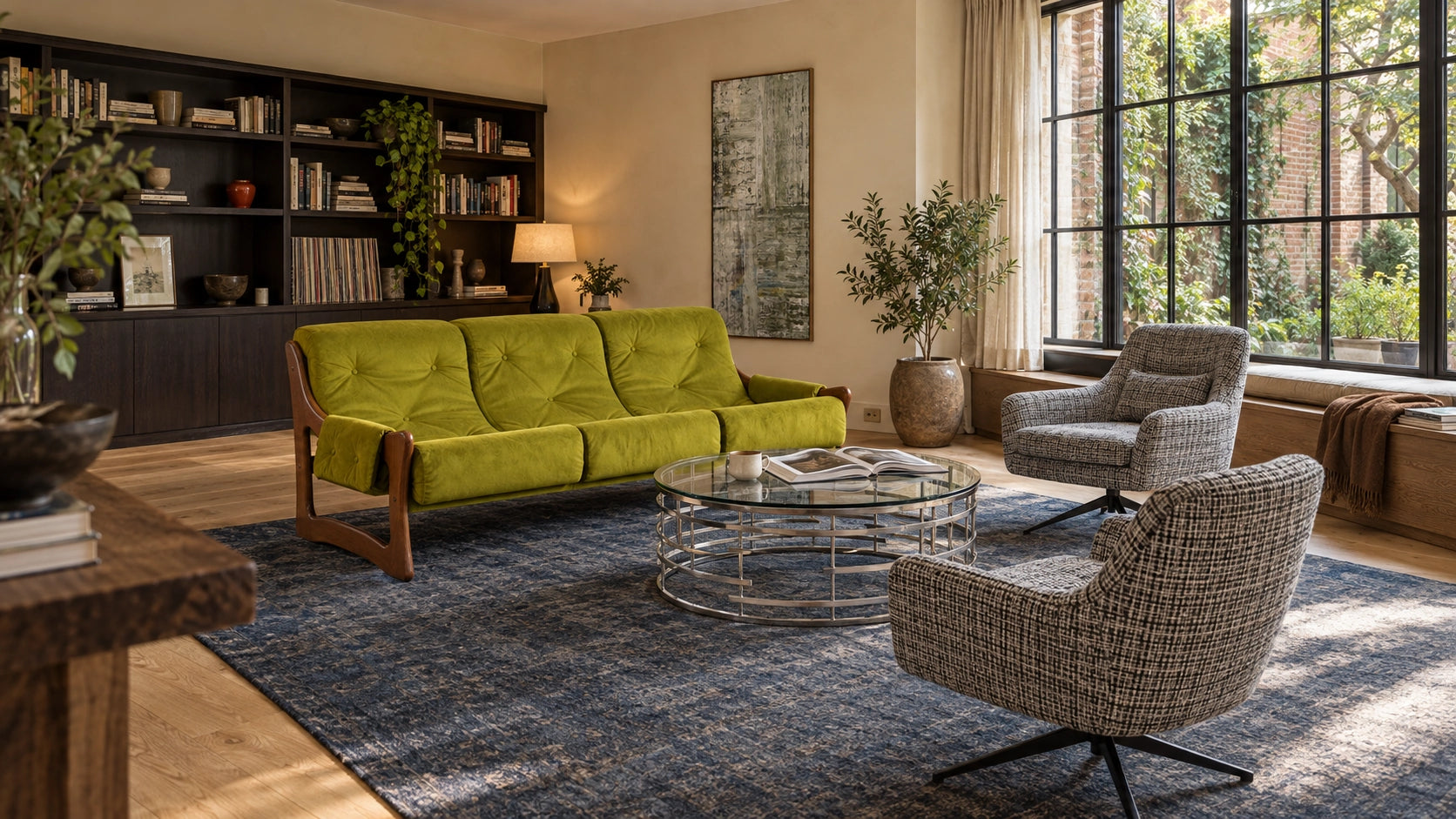 A sunlit collected loft with a chartreuse Chronicle Cypress sofa, Jupiter silver and glass coffee table, black-and-white Iceland swivel chairs, and Green Cross original artwork by John Beard.