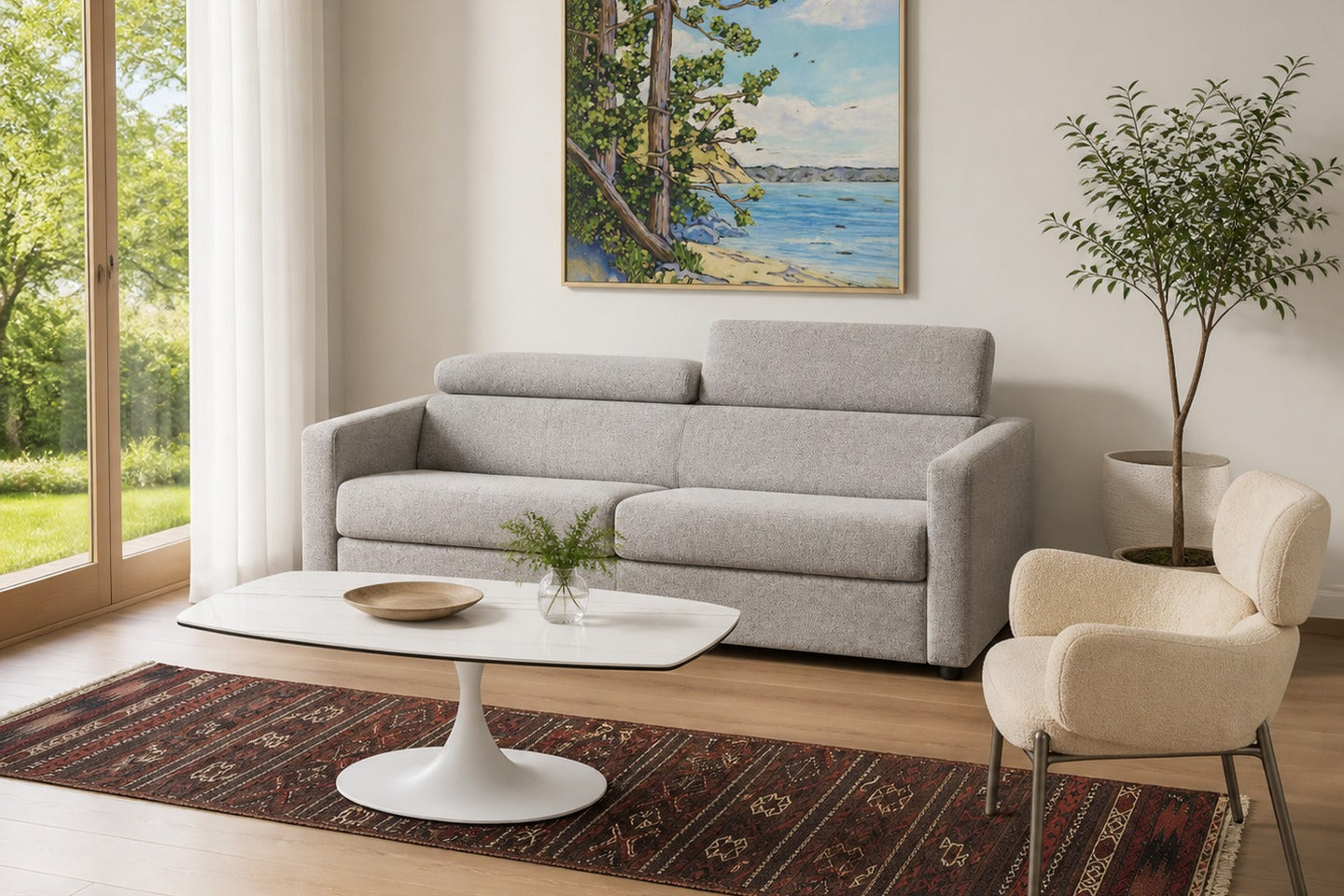 Use Sofa Length as the Starting Measurement in a shoppable living room with coordinated furniture, lighting, rug and art.