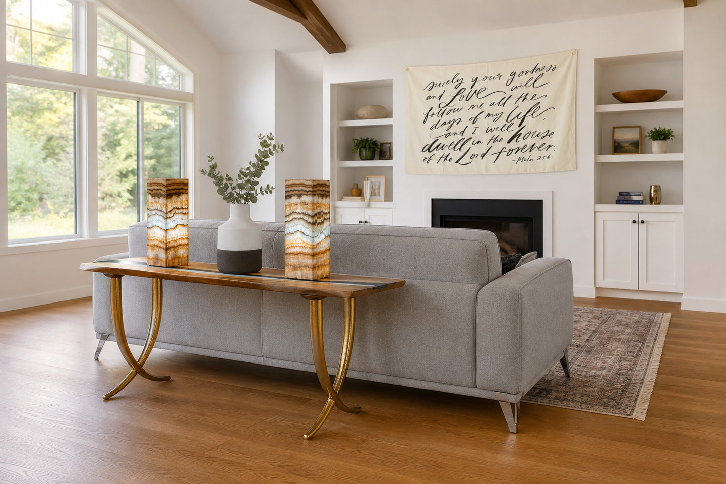 Measure the Sofa Back Before Shopping in a shoppable living room with coordinated furniture, lighting, rug and art.