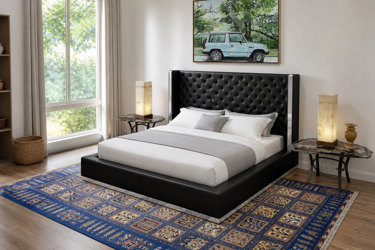 Measure the Mattress and Nightstand Together in a shoppable bedroom with coordinated furniture, lighting, rug and art.