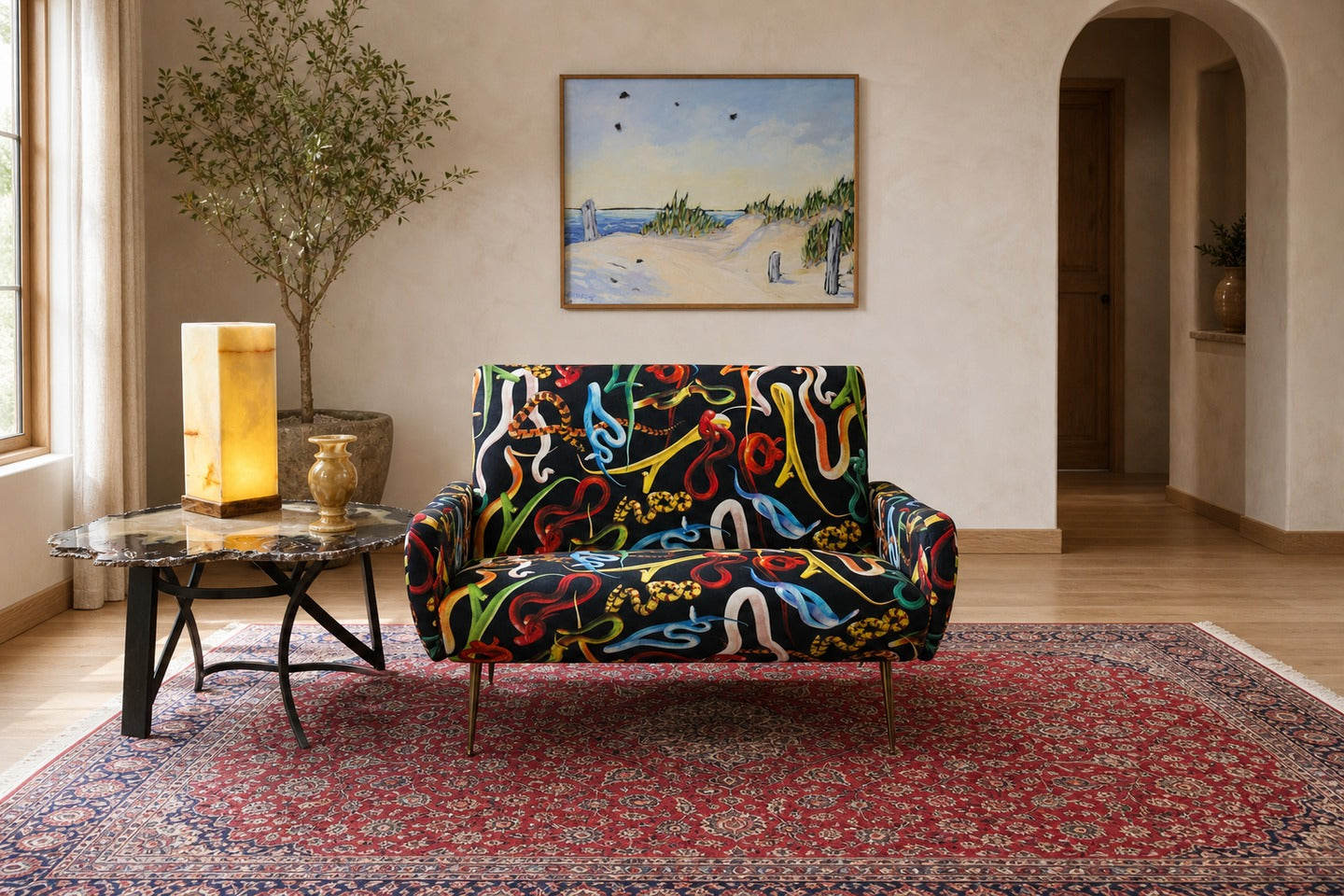 Living room scene showing side table height next to sofa at arm level
