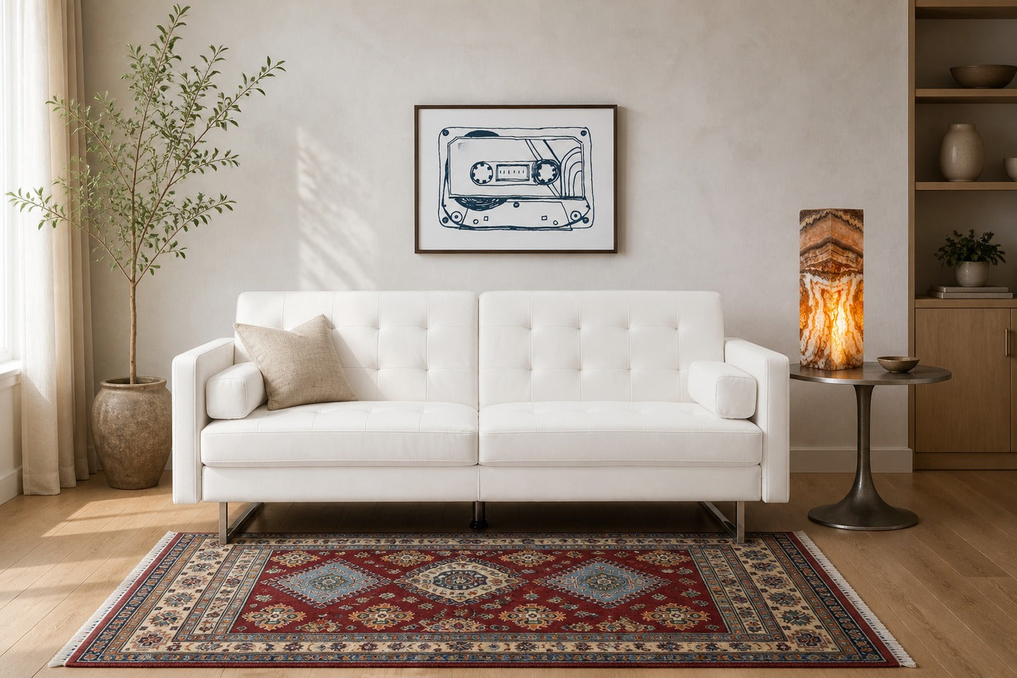 Floor lamp height next to sofa measured with tape in living room