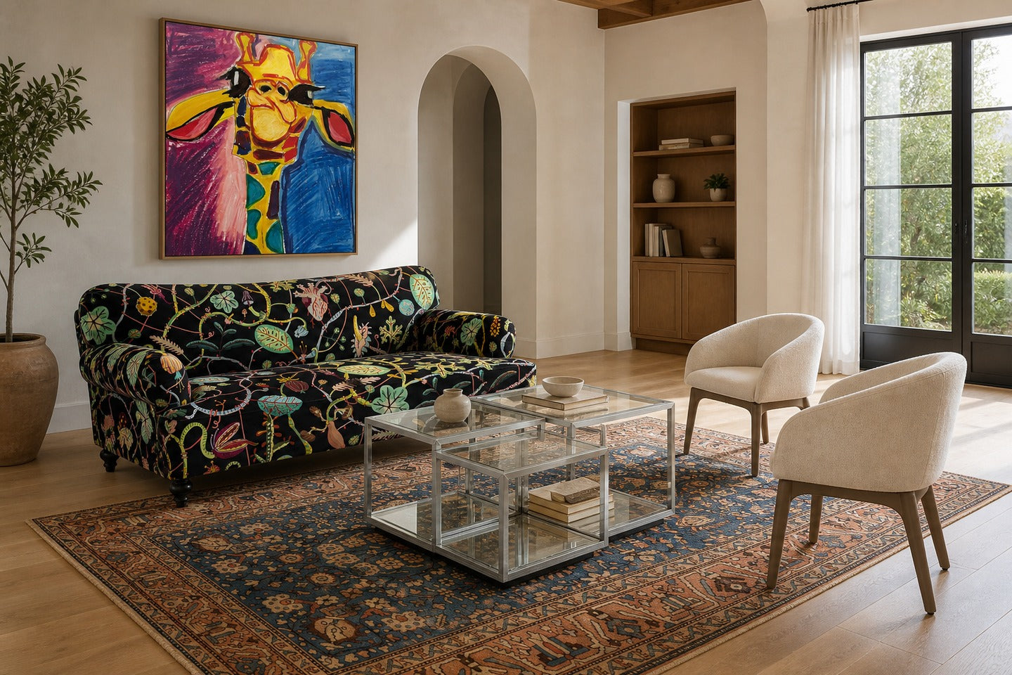 Living room showing how to match accent chairs with sofa using scale and color