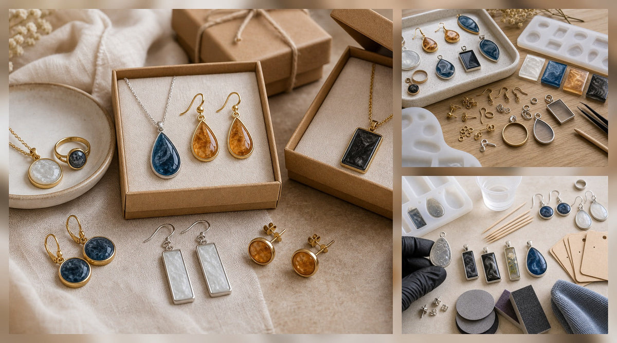 10 Resin Jewelry Ideas for Beginners Who Want Clean Finishes hero image for a Resin Society guide with realistic resin, epoxy, wood, tools, or finished project details.