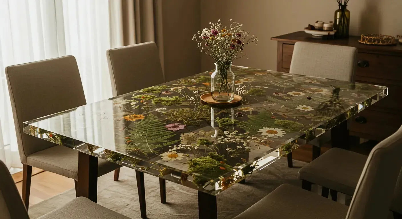 Finished botanical resin ideas i would use for tables, trays, and wall art hero image showing epoxy resin and wood for botanical resin i would use, with.