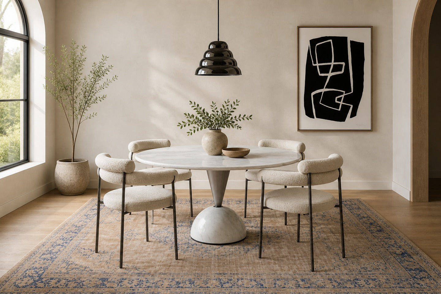 Round vs rectangular dining table comparison in a modern dining room showing fit and circulation