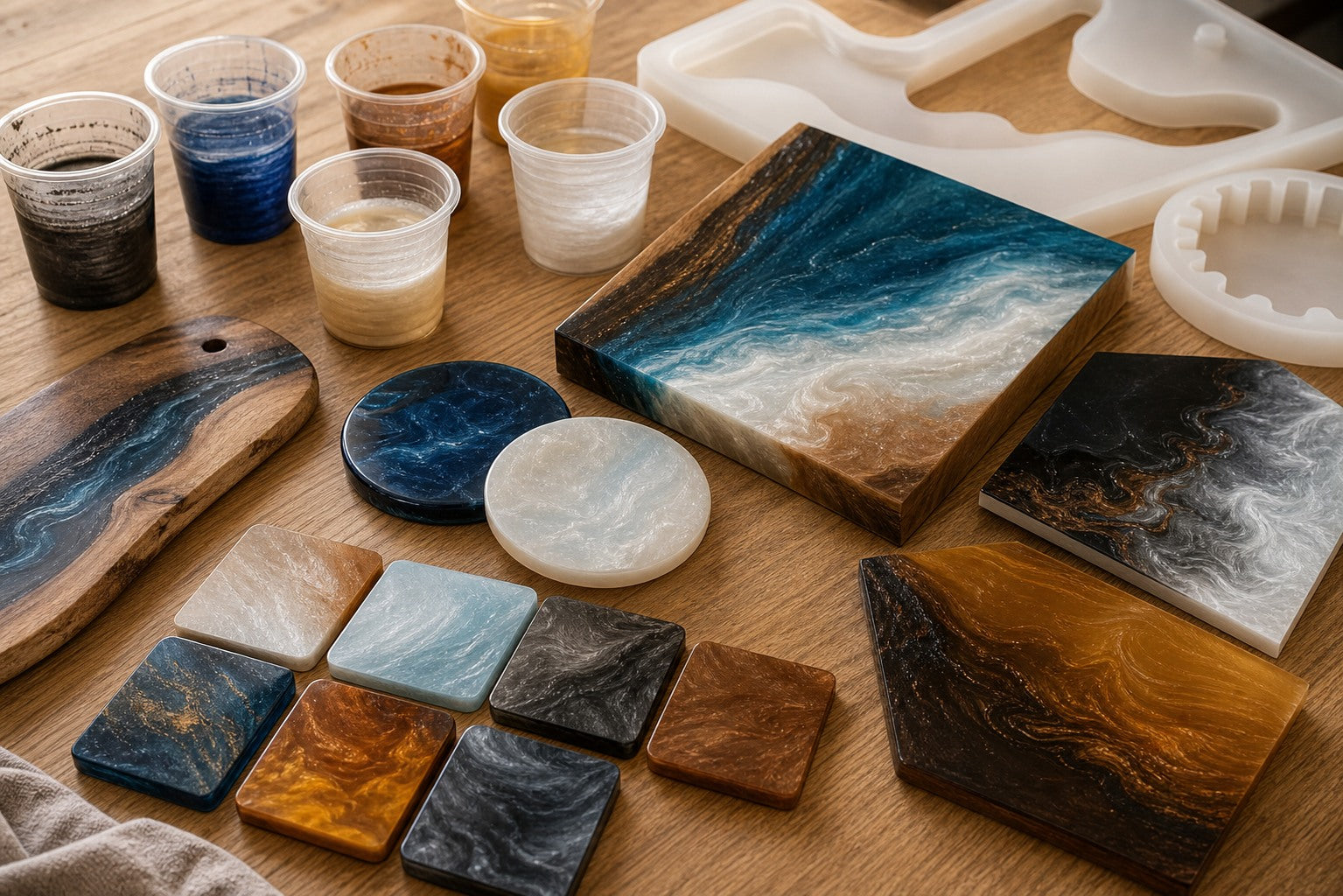 12 Resin Pigment Ideas for Tables, Coasters, and Wall Art hero image for a Resin Society guide with realistic resin, epoxy, wood, tools, or finished project details.