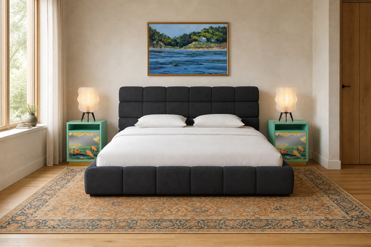 Layout showing what size rug for bedroom measured in inches and feet under a queen bed