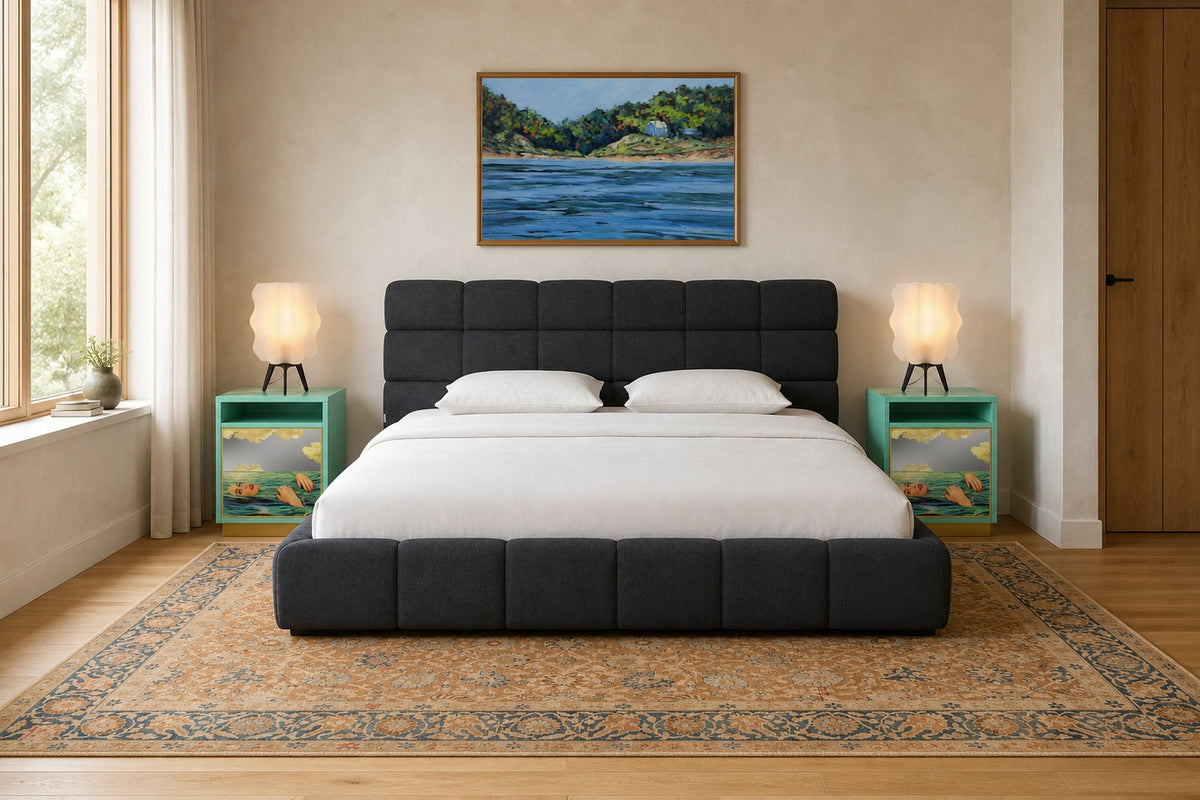 Layout showing what size rug for bedroom measured in inches and feet under a queen bed