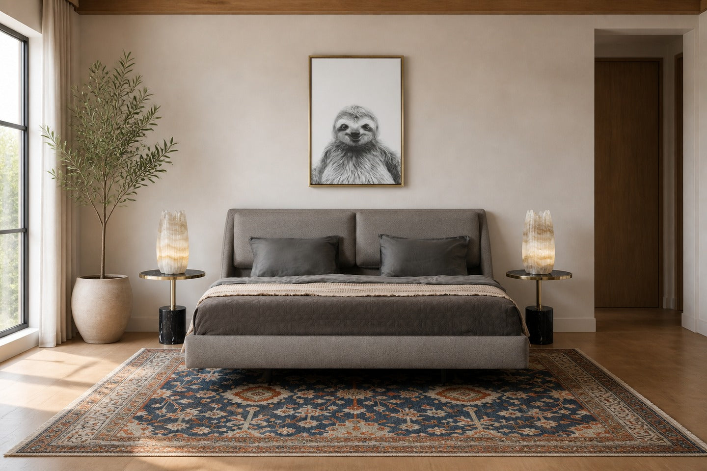 Example showing how high to hang art above bed with measurements in inches