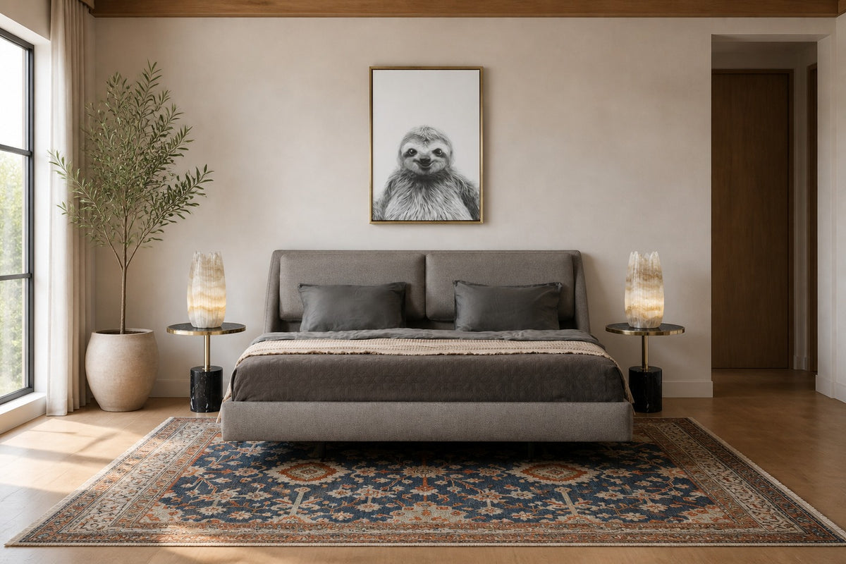 Example showing how high to hang art above bed with measurements in inches