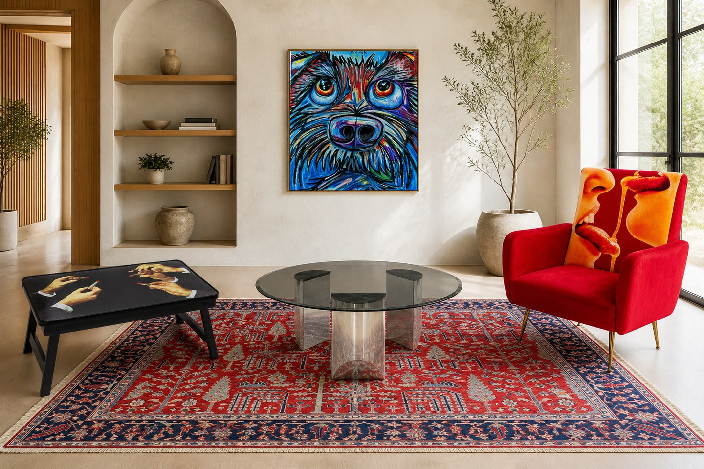 Living room gallery wall spacing example with 3-inch gaps between mixed frames