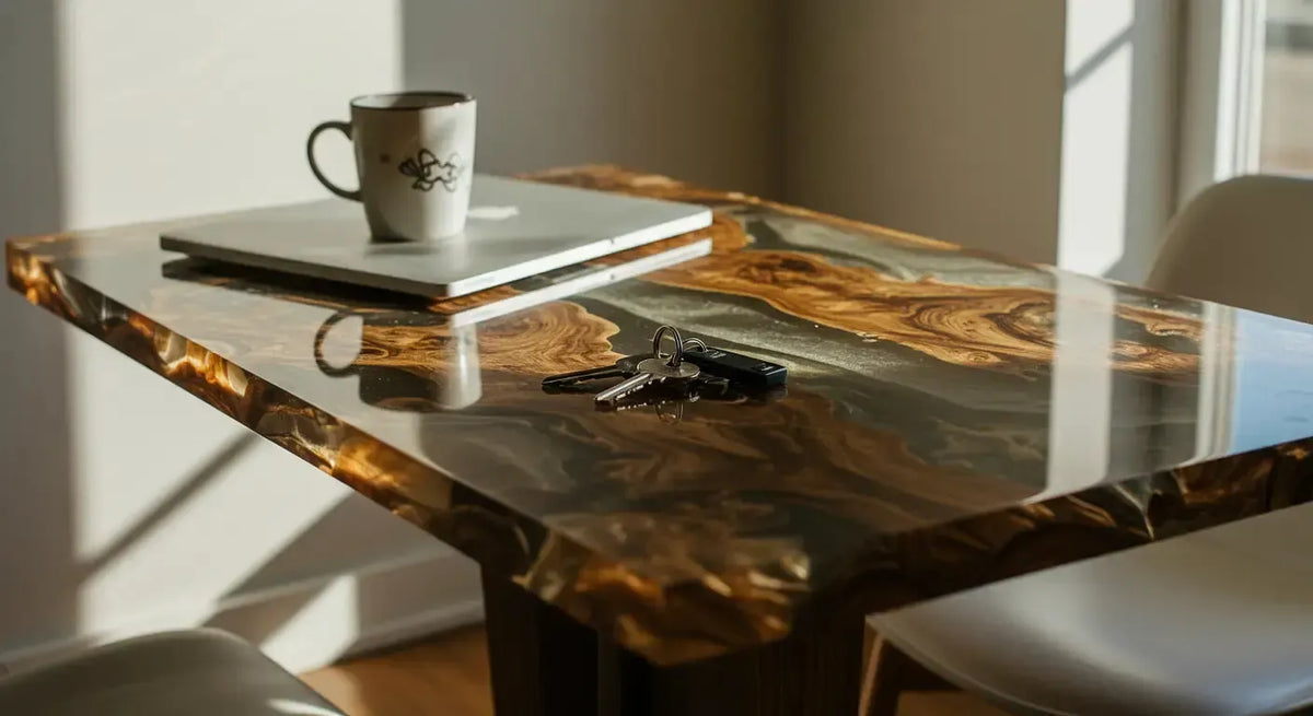 Glossy dark resin and wood tabletop holding a white mug, notebook and keys in warm window light.
