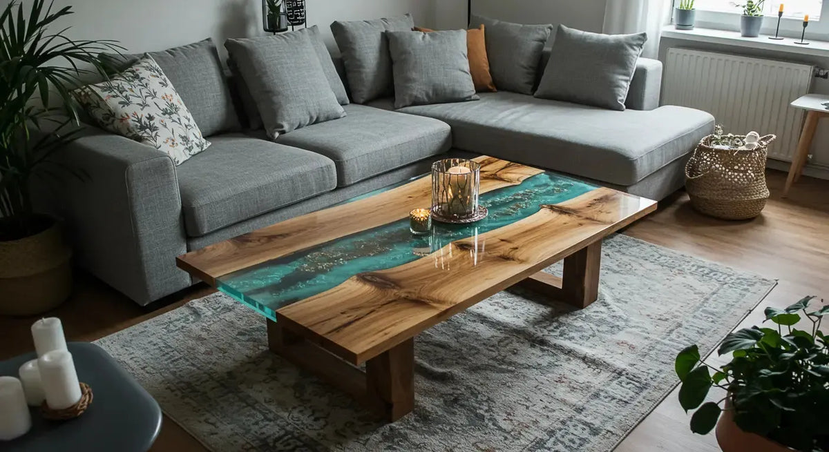 Wood coffee table with a turquoise resin river on a pale patterned rug in front of a gray sectional sofa.