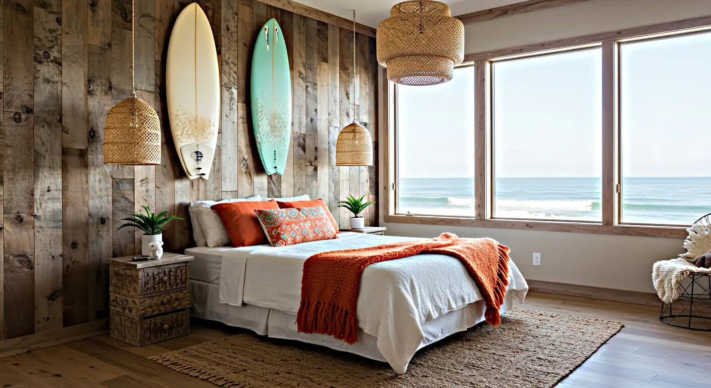 Coastal bedroom with reclaimed wood wall and mounted surfboards above the bed, styled with ocean-themed bedding and a jute rug for a bold beach vibe.