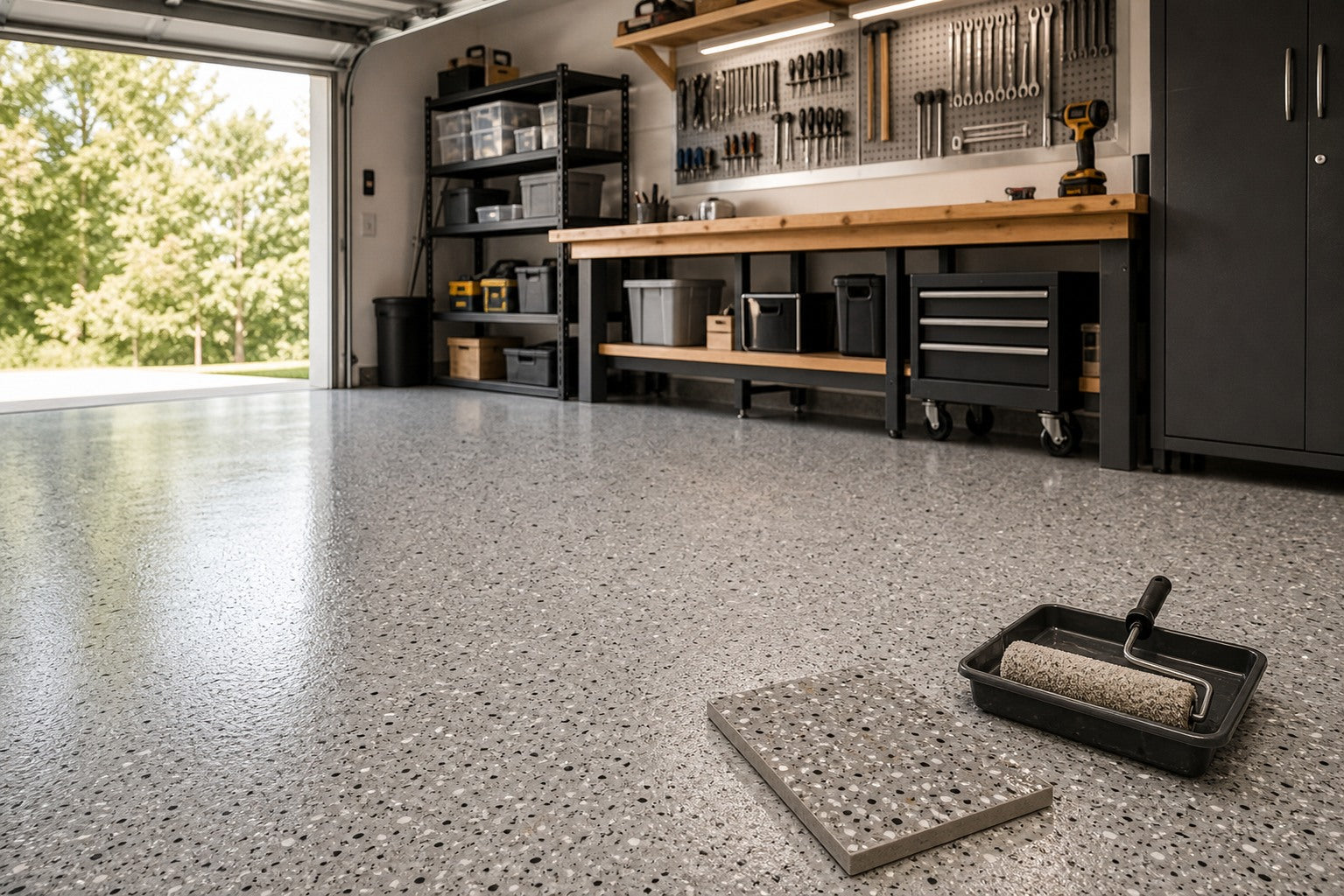 9 Garage Floor Epoxy Ideas for a Cleaner Workshop Look hero image for a Resin Society guide with realistic resin, epoxy, wood, tools, or finished project details.