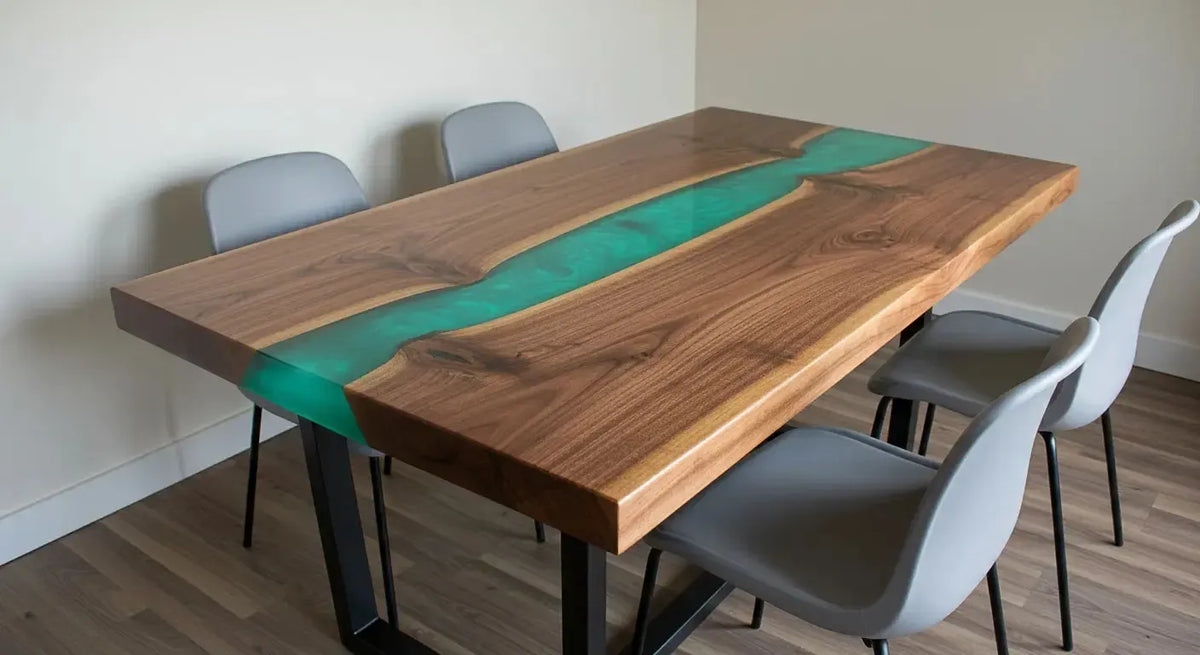 Rectangular wooden table with a green epoxy resin river running through its center, surrounded by four gray modern chairs on a wood floor, positioned against a plain light wall.