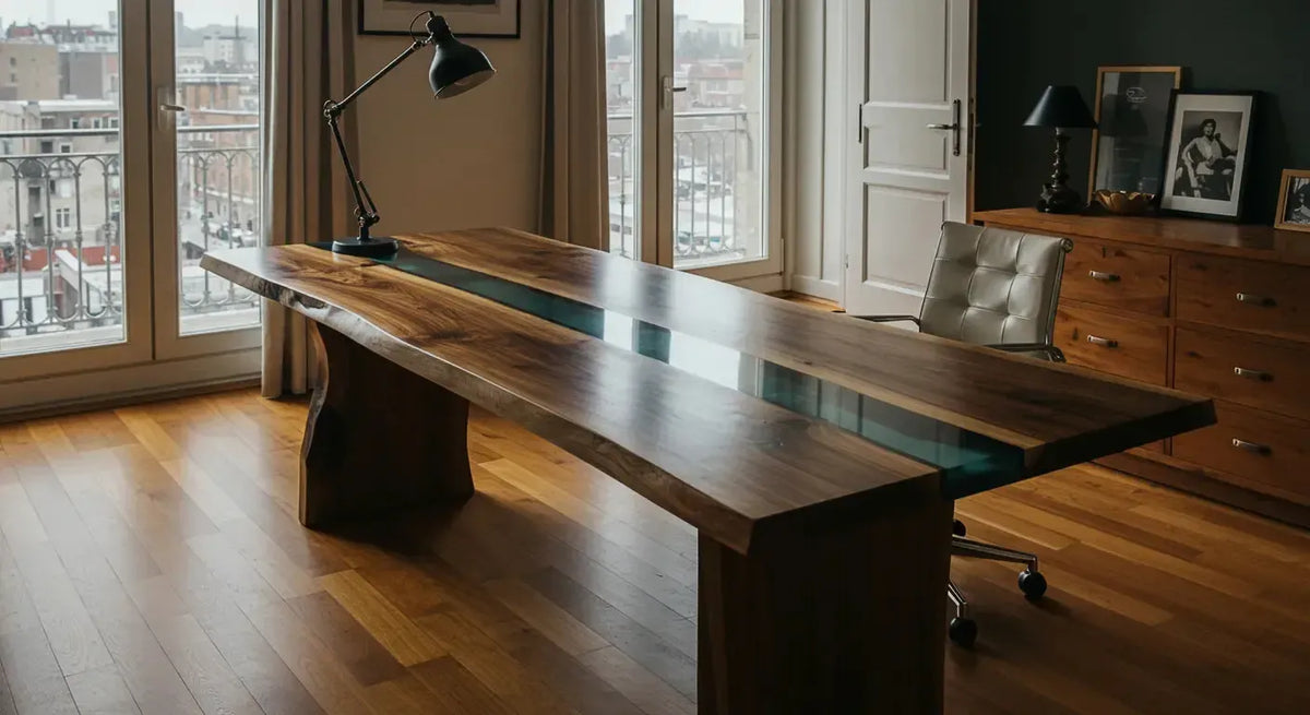 Wooden desk with a dark blue resin river running down the center, placed in a room with hardwood flooring, a black desk lamp, a gray office chair, and large windows overlooking a cityscape.