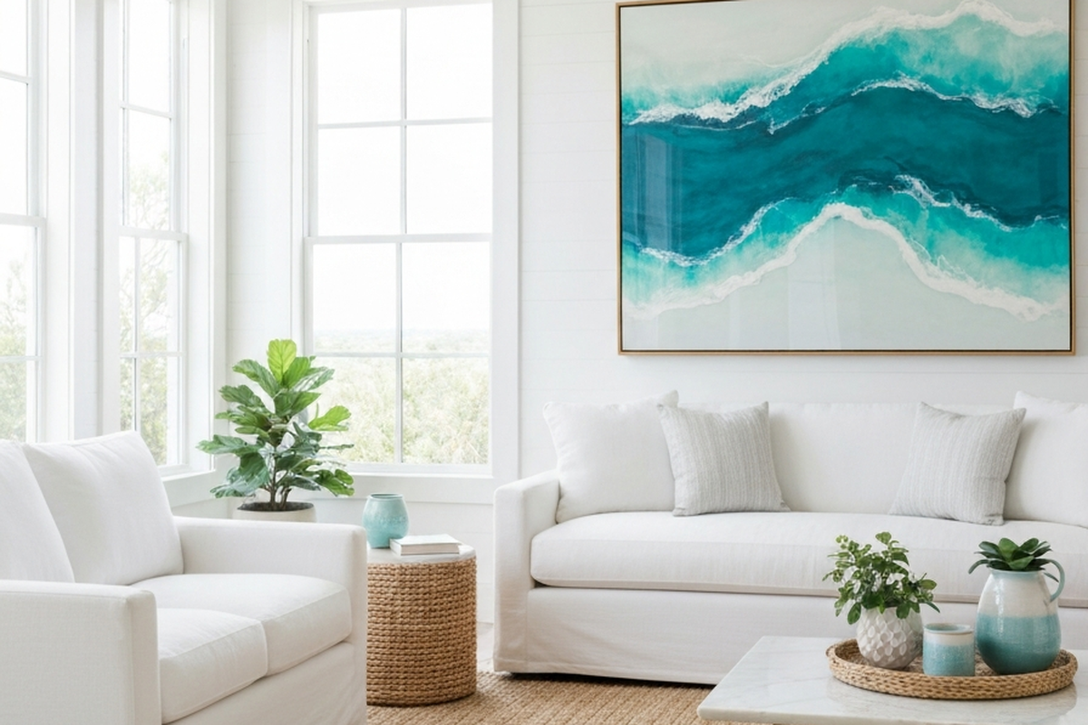 abstract resin wall art shown as large ocean-inspired resin wall art in a bright coastal living room above a sofa