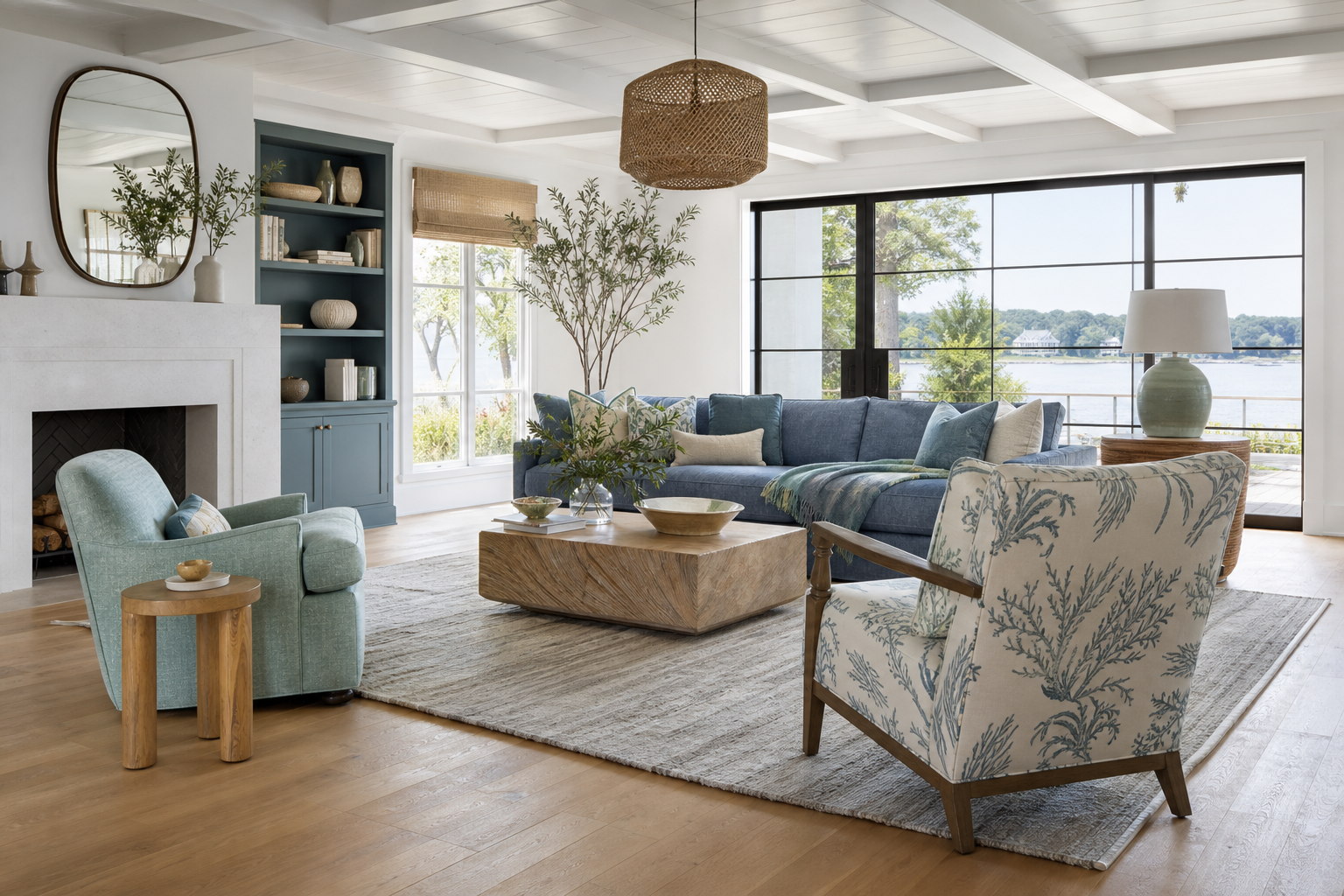coastal accent chairs shown in a bright coastal living room with Resin Society furniture and decor context