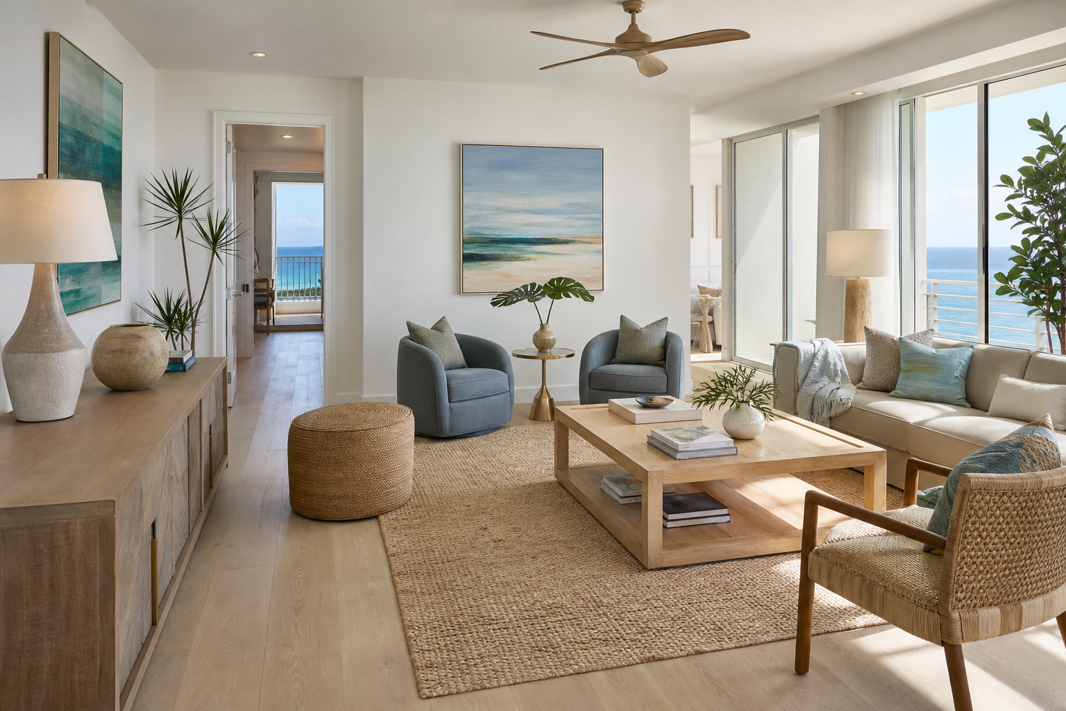 beach condo living room ideas shown in a bright coastal living room with Resin Society furniture and decor context