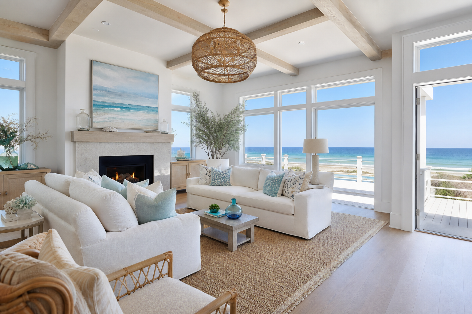 beach house living room mistakes shown in a bright coastal living room with Resin Society furniture and decor context
