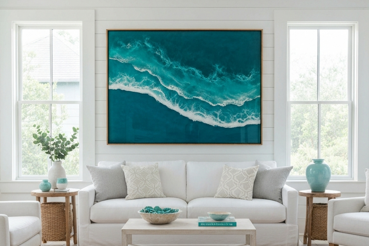 blue resin wall art shown as large ocean-inspired resin wall art in a bright coastal living room above a sofa