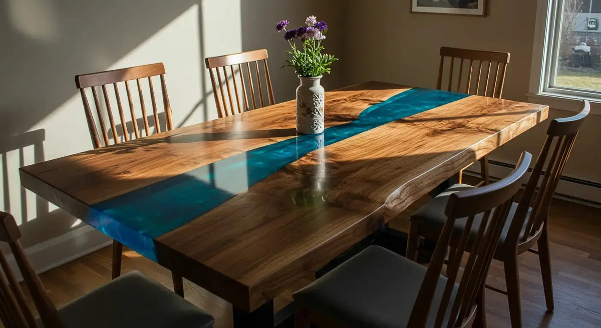 Glossy wood dining table with a blue resin river, spindle-back wooden chairs and a vase of flowers in afternoon light.