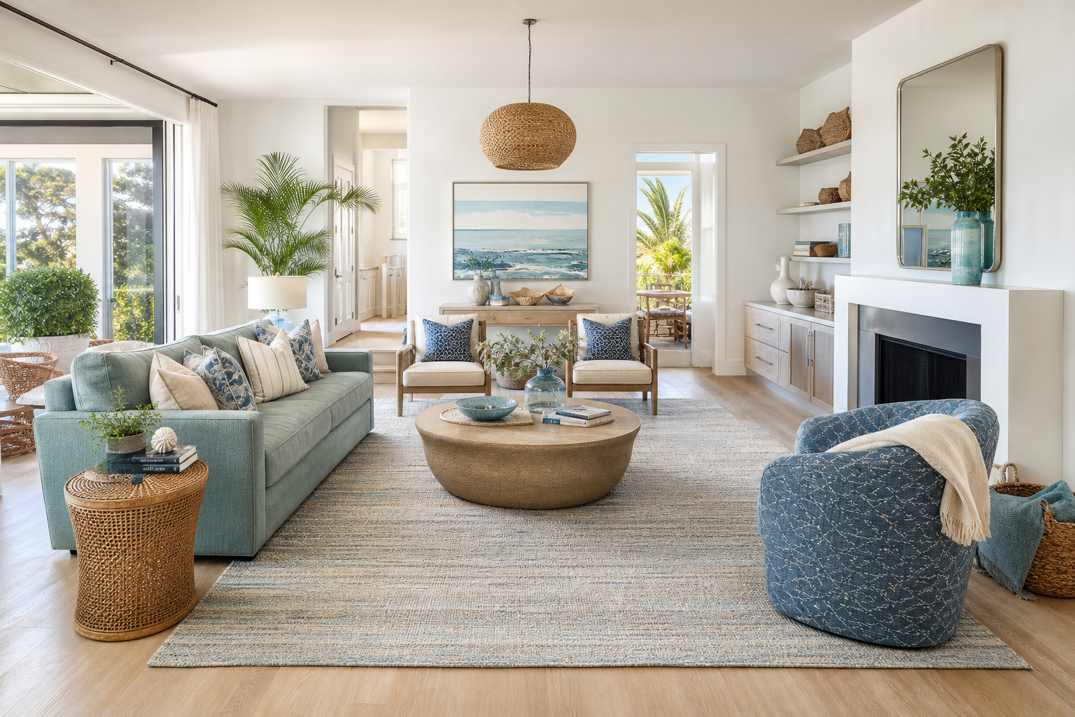coastal accent chair ideas shown in a bright coastal living room with Resin Society furniture and decor context