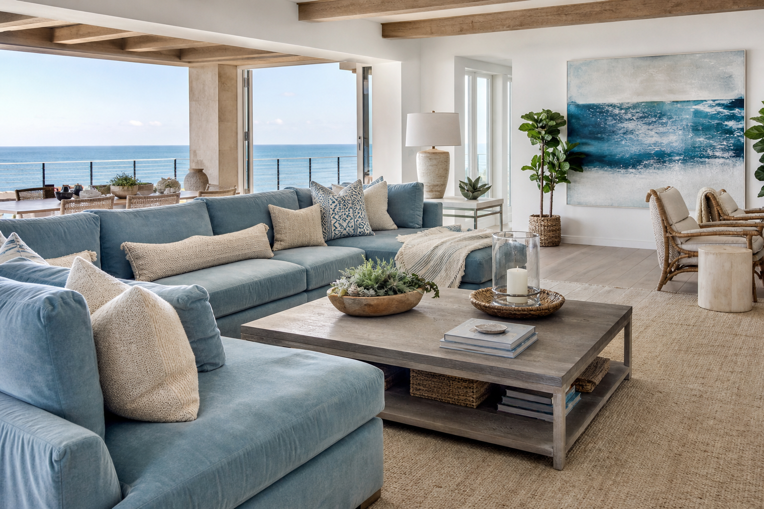 coastal coffee table ideas shown in a bright coastal living room with Resin Society furniture and decor context